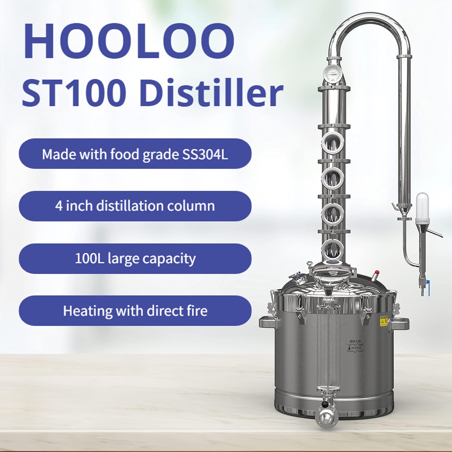 HOOLOO Alcohol Distiller Still for Home Use Kit 304 Stainless Steel Whiskey Making Kit with Thermometer Whiskey Brandy Vodka 26.4 Gal (100L) (ST-100) (ST100)