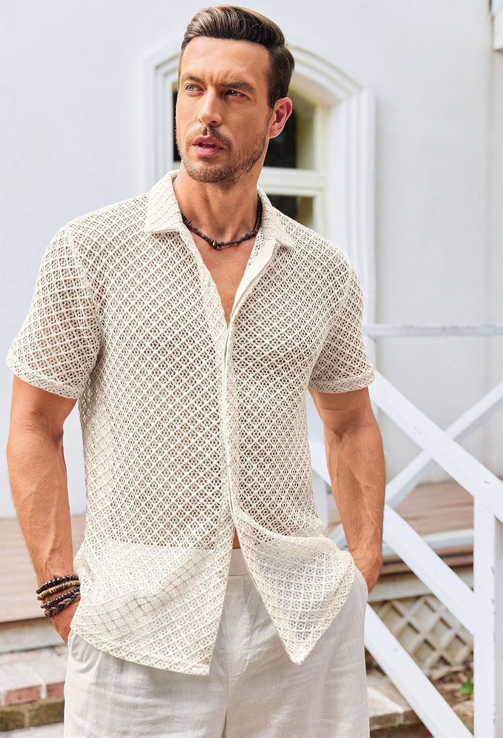 Runcati Mens Button Down Knit Shirt Short Sleeve Crochet Shirts Casual Hollow Out Summer Beach Vacation Tops - Image 2