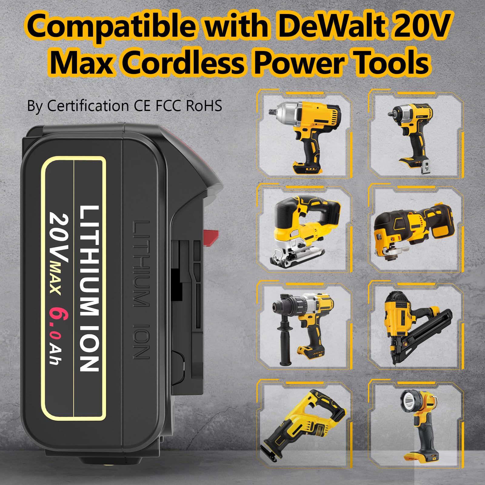 PENGJBATTER Paquete de 6 baterías de litio de 20 V 6.0 Ah de repuesto para batería DeWalt de 20 V máximo, alta capacidad compatible con herramientas eléctricas de la serie DCB206 DCB205 DCB208 y DCF