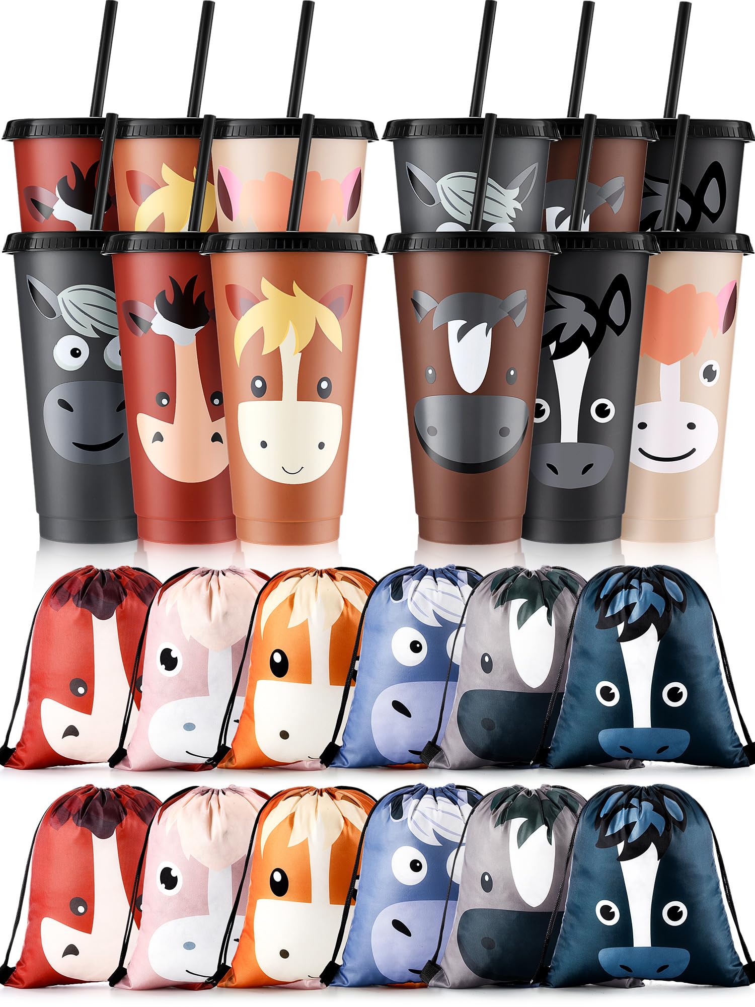 Mifoci 24 Pcs Horse Party Favors Supplies 12 Plastic Cups with Lids and Straws and 12 Drawstring Backpack 24oz Reusable Tumble Water Bottles Bag for