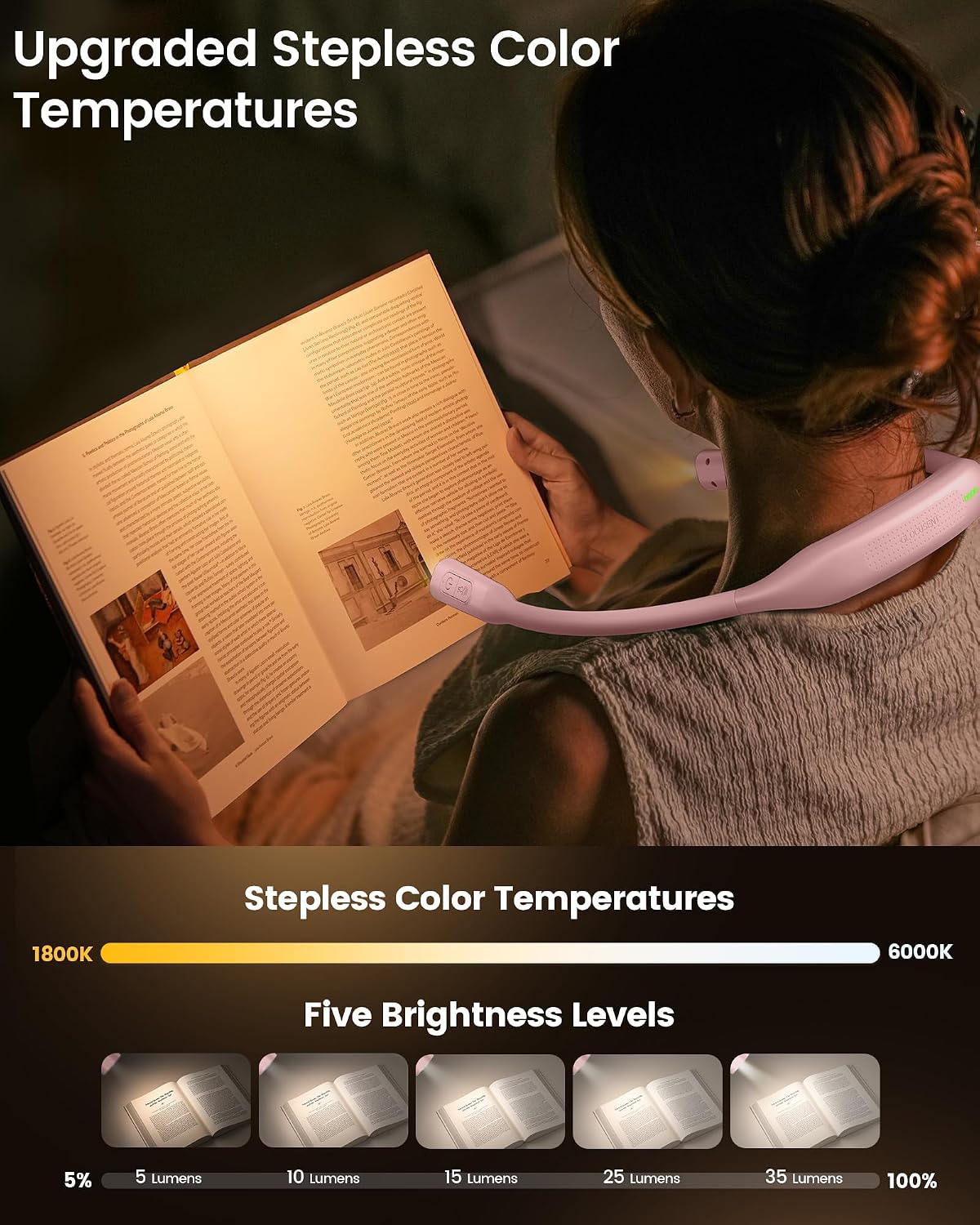 Glocusent Neck Book Light, Rechargeable Neck Lights for Crafts Reading | 1200mAh, Hands Free, 5 Colors, 5 Brightness, Lightweight, Book Lovers Gifts, Ergonomic, Bendable, Knitting, Repairing, Reader