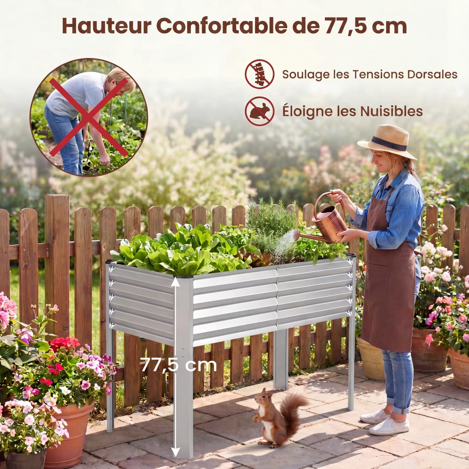 GOPLUS Jardiniere sur Pieds Surélevé en Métal, 118x60x77,5 CM, Carre Potager Rectangulaire Épais, Système de Drainage, Charge 50KG, Ergonomique, Potager sur Pieds pour Jardin, Terrasse (Argenté)