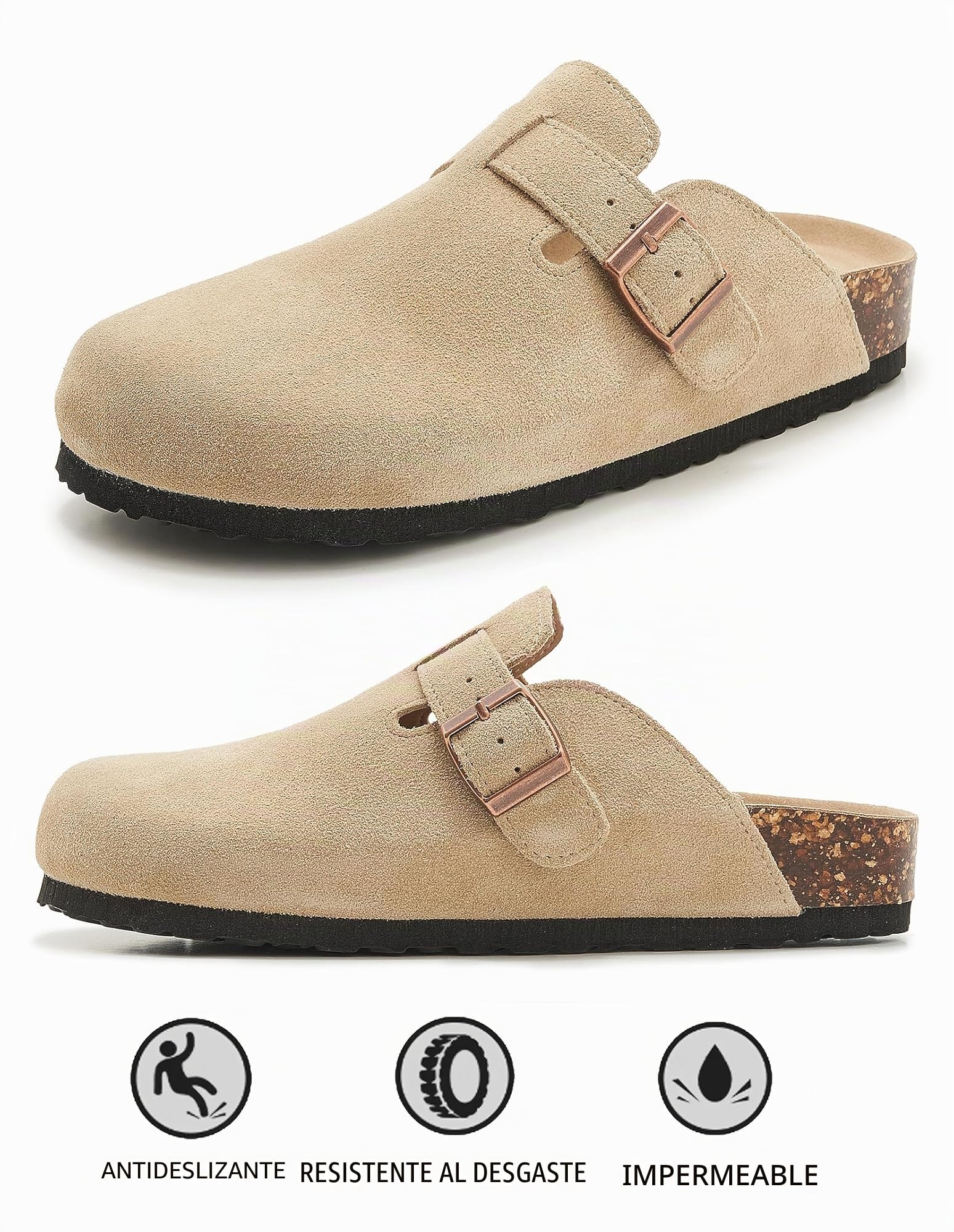 Meik Mangni Zuecos y Mules Ante para Mujer Pantuflas de Piel con Corcho Cerradas Hombre Mules Cómodos Zapatillas de Jardín con Hebilla Ajustable,36-47 EU