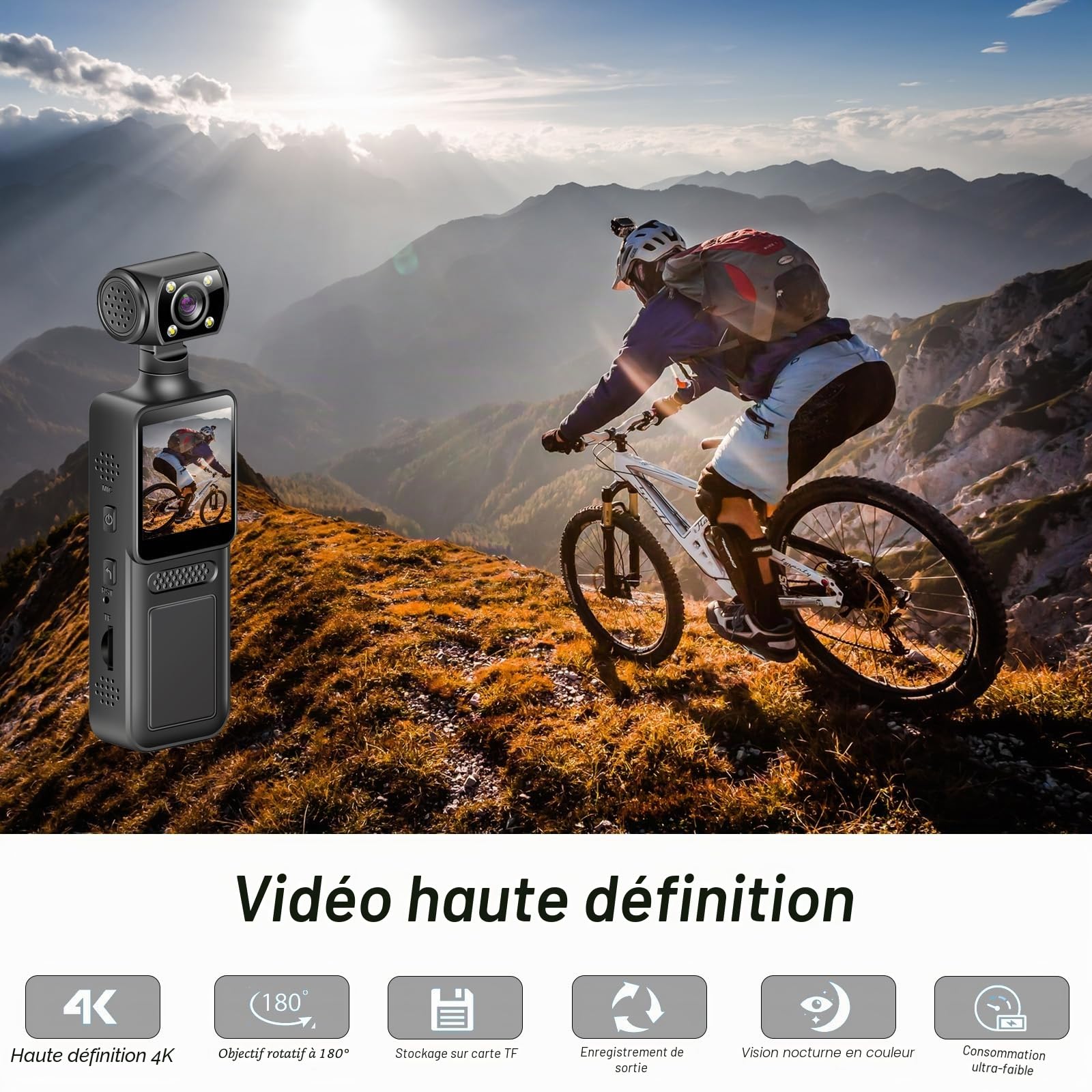 4K Camera Pieton, 128GB Caméra de Corps avec Objectif Rotatif & 180° Grand Angle, WiFi Enregistreur Vidéo Portable avec Clip Arrière, Détection de Mouvement de Vision Nocturne pour Sport Vélo Voyage