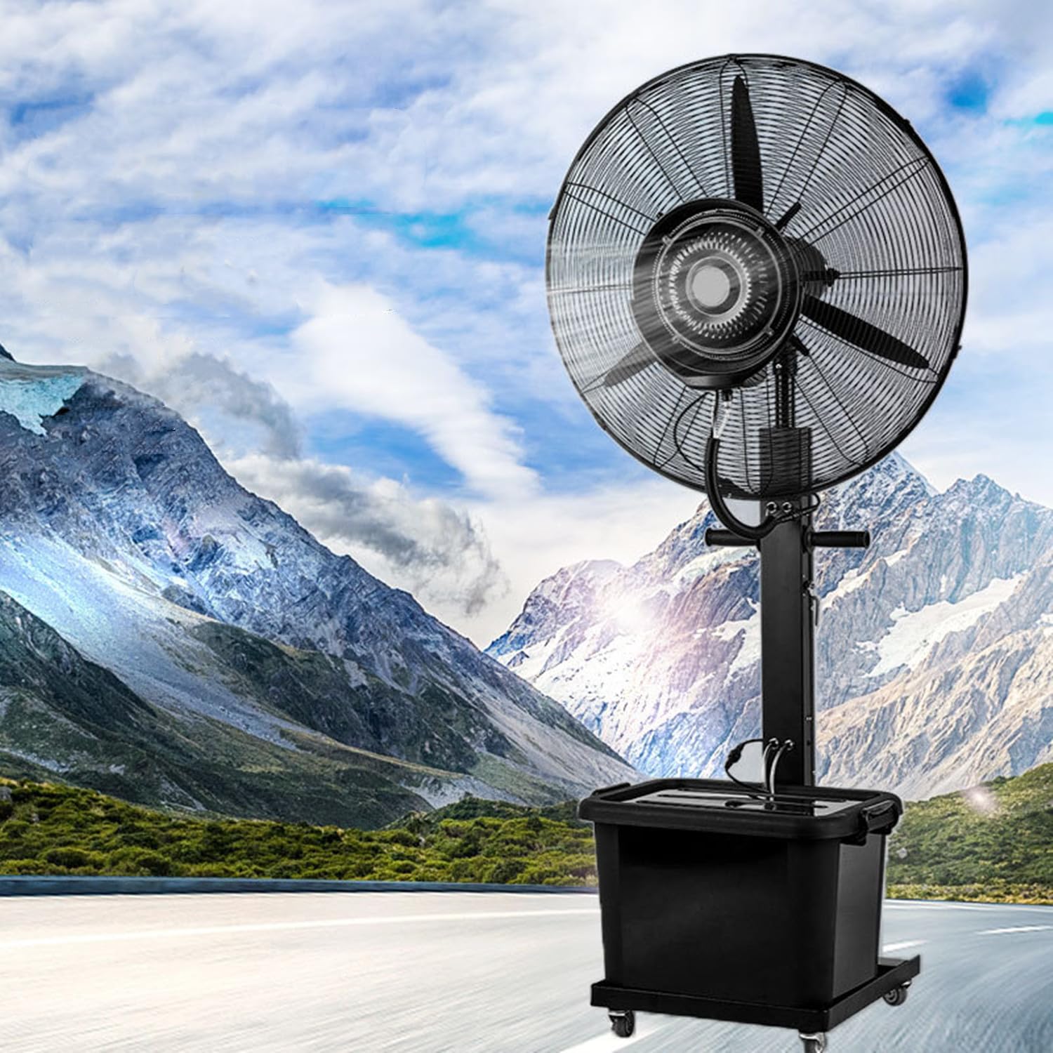 asdchZen High-Velocity Industrial Pedestal Fan Misting Fan, Portable Oscillating Stand Fan W/Water Tank & Wheels, Heavy Duty Metal Floor Fan For Workshop Garage Patio
