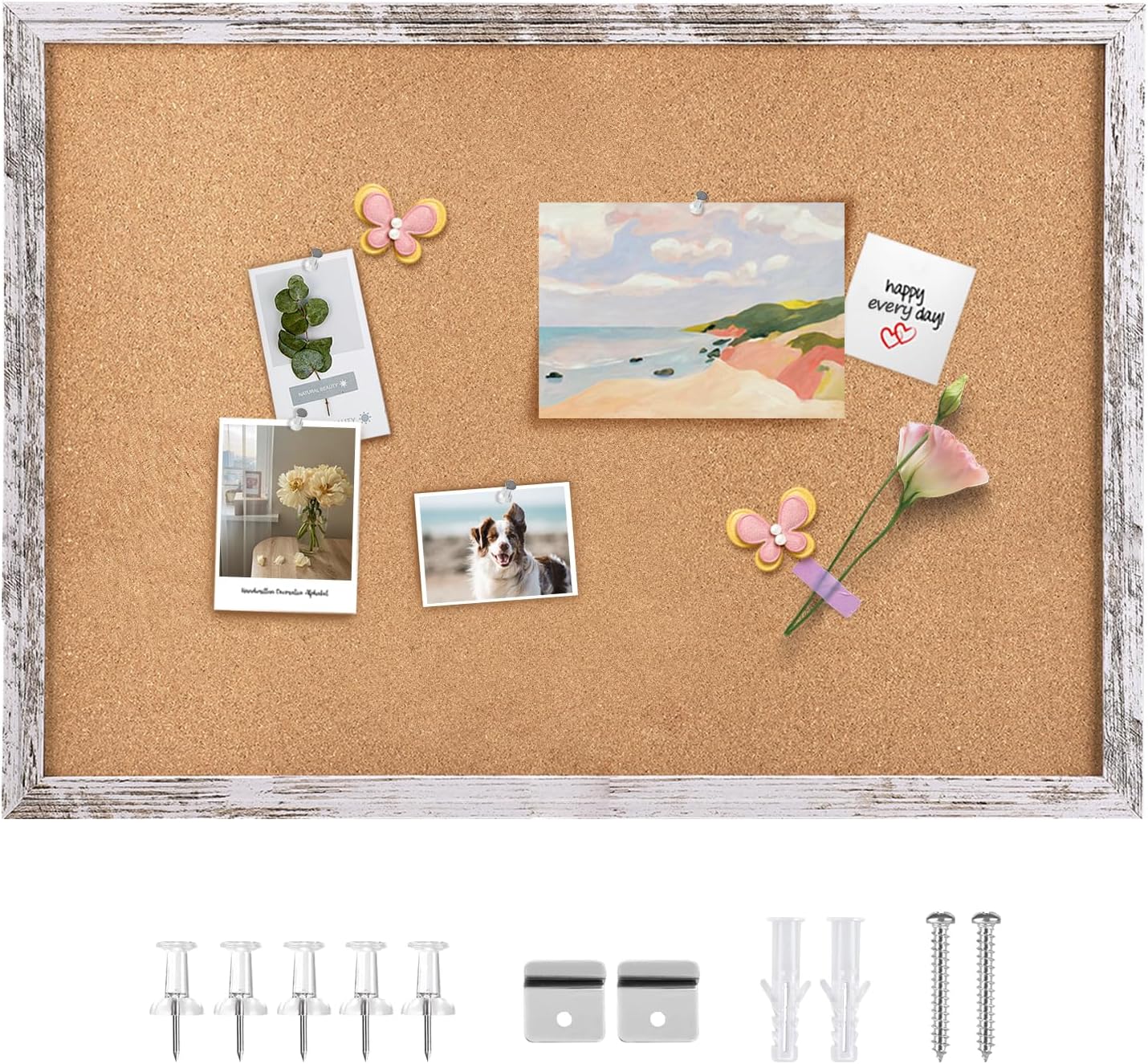 Cork Board Bulletin Board, 35.4x23.6 inches Decorative Hanging Framed Cork Boards for Walls, Pin Board Vision Board for School Home Office, Bulletin Board with Wooden Frame (6090,WH,1pc)