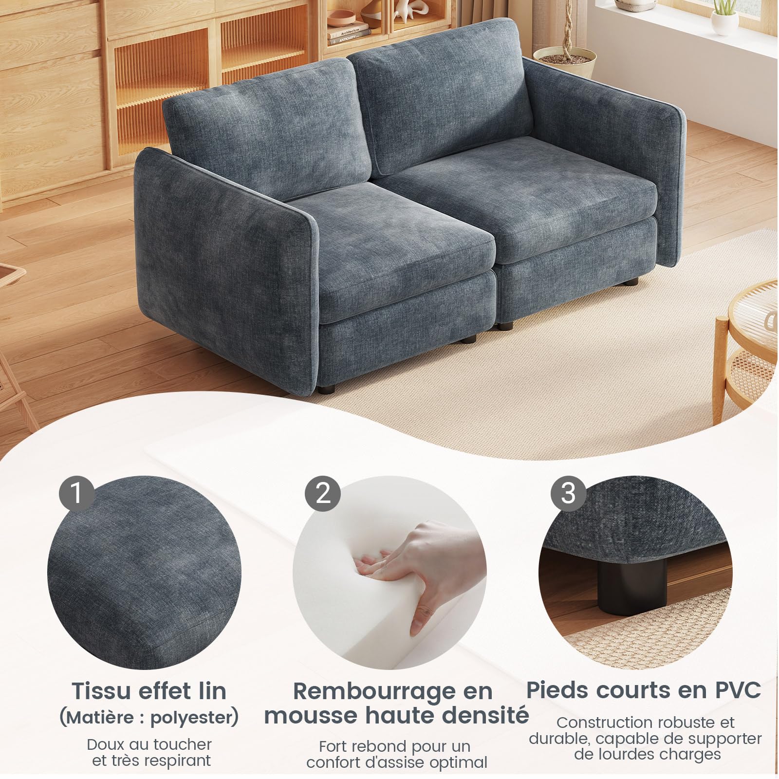 Miuuod Canapé modulaire 2 places en velours avec housses amovibles et lavables - 165 cm - Bleu clair