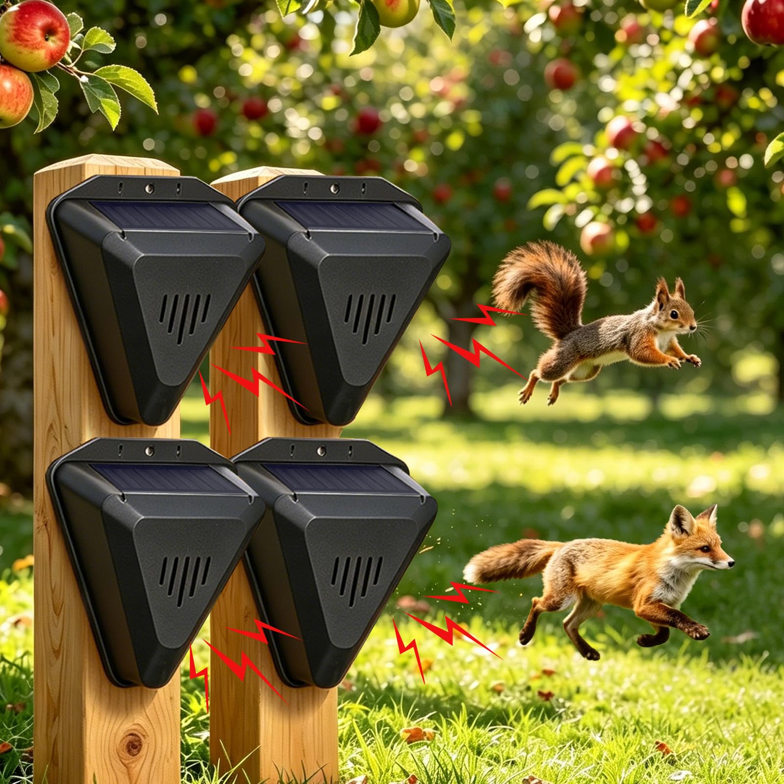 Solar Powered Bird Repeller, Waterproof Outdoor Pigeon Deterrent Device with Sound Light Alarm Bird Scarer Noise Clacker for Farm Orchard Crop for Repelling Foxes Cats Dogs Squirrels (4PCS)