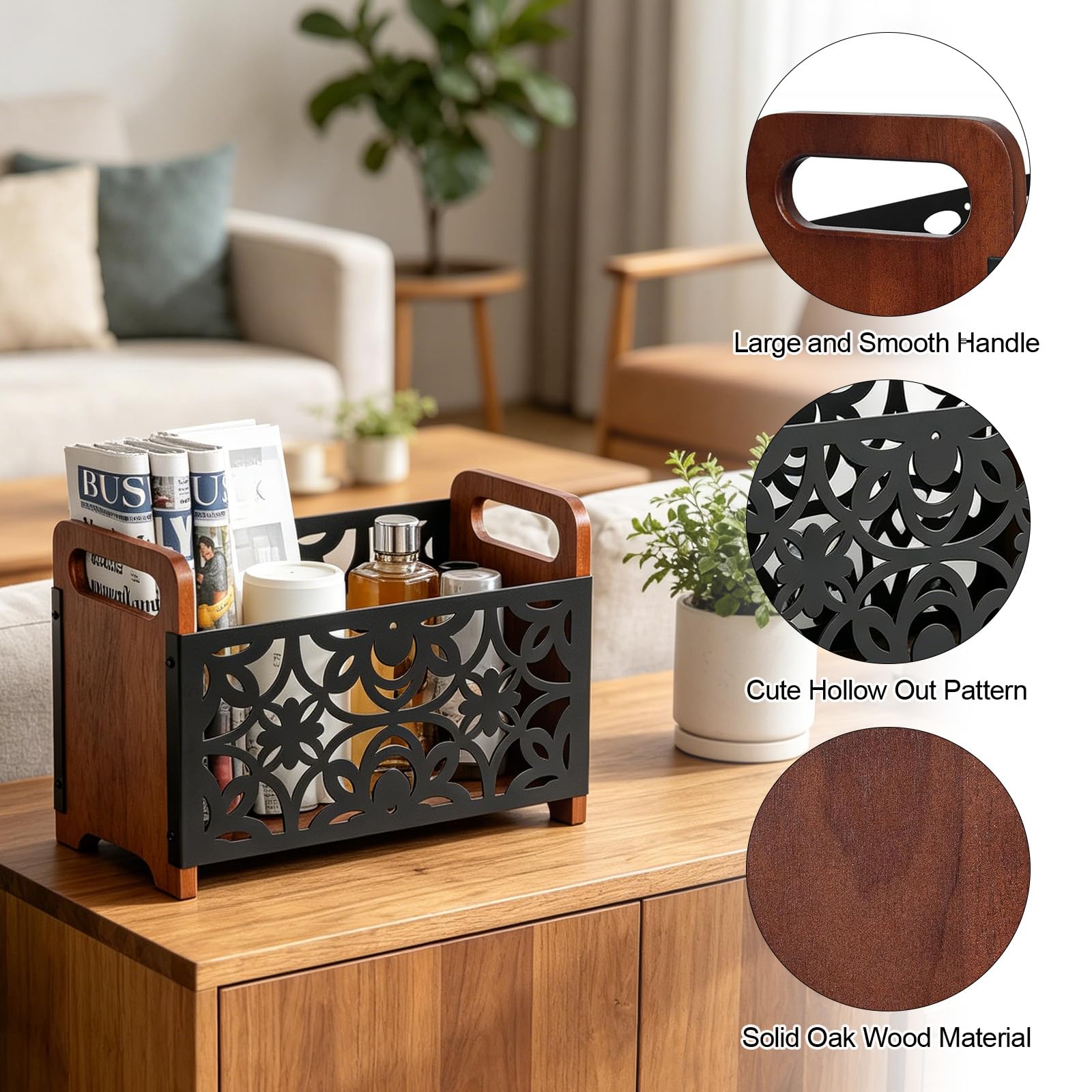 Revistero de madera 33x24x13 cm negro flores soporte para revistas con asa