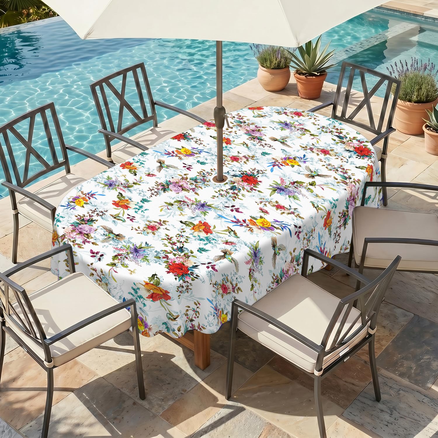 ZORKET Oval Outdoor Tablecloth with Umbrella Hole and Zipper 60x84 Inch, Fabric Waterproof Oval Patio Table Cloth with Umbrella Hole for Spring/Summer/Party/Picnic, Flowers and Birds