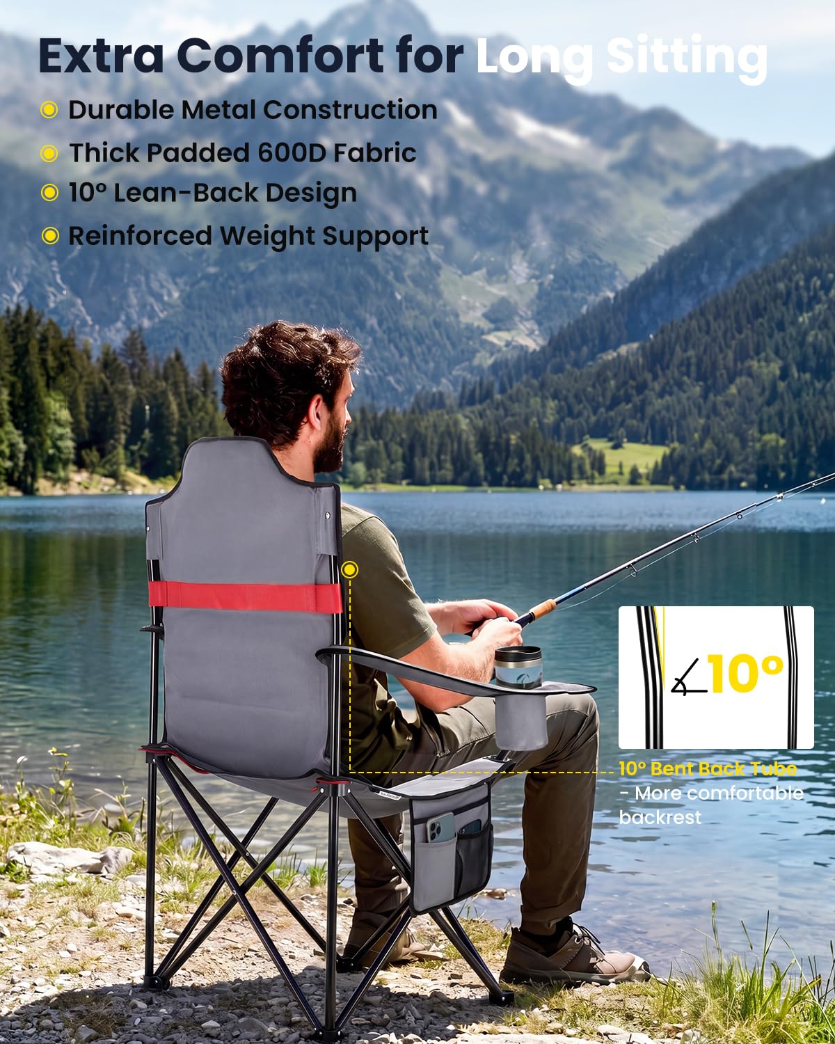 YEAUPE PRO Silla de Camping Plegable y Acolchada, Sillas de Pesca Extra Cómoda hasta 150 kg, Respaldo Alto, con Portavasos y Bolsa de Transporte, Silla Exterior para Camping, Playa, Jardín y Pesca