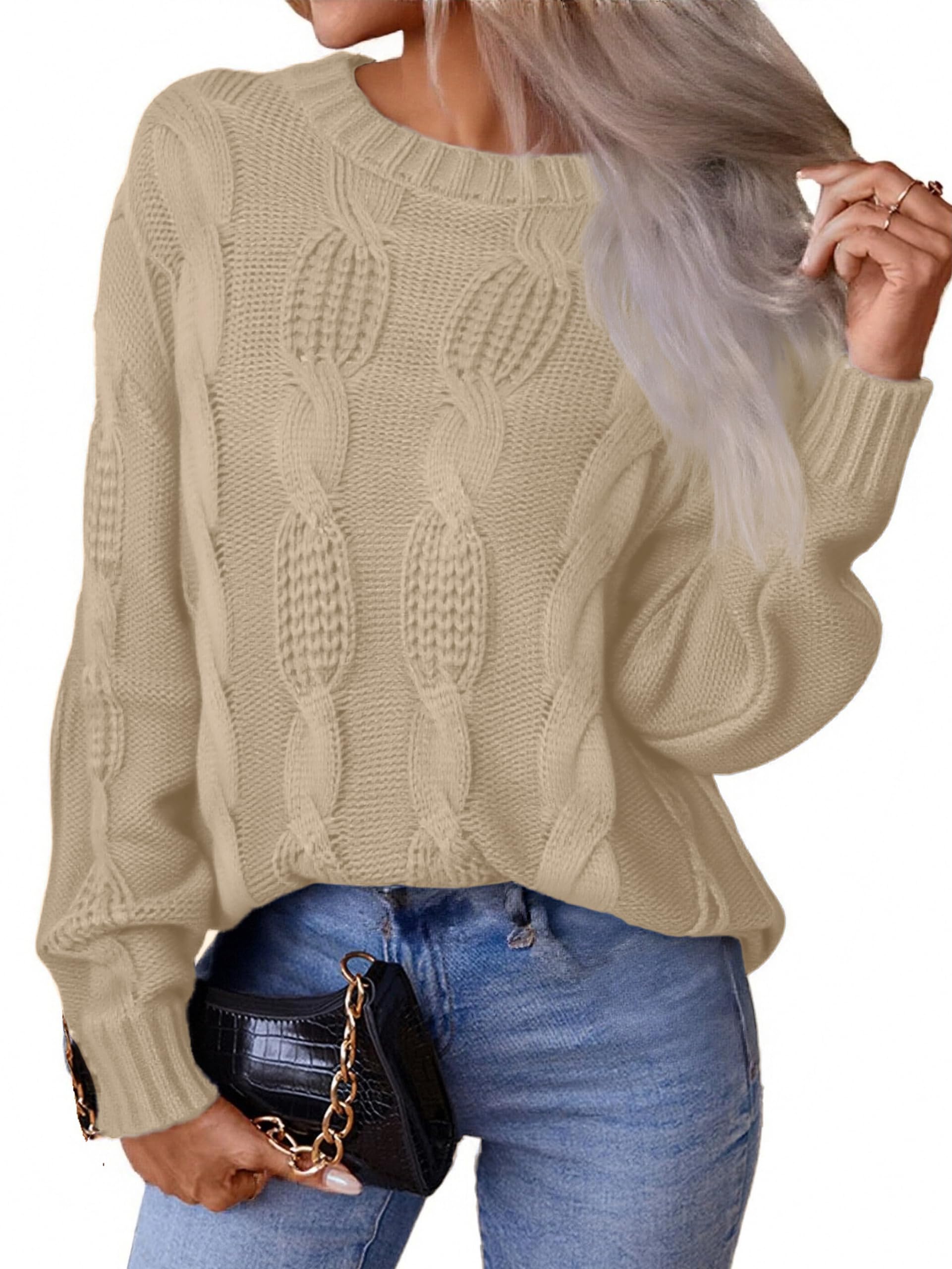 Glamaker Womens Cable Knit Sweaters Fall Trendy 2025 Long Sleeve Crewneck Oversized Pullover Sweater Jumper Knitted Tops