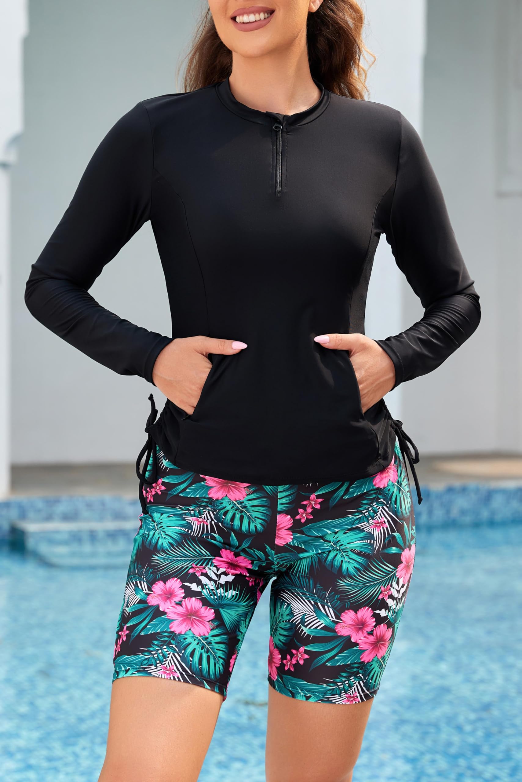 SHEKINI Conjunto de traje de baño de 3 piezas para mujer, brasier integrado, camiseta sin mangas de manga larga con cremallera, pantalones cortos, parte inferior de traje de baño