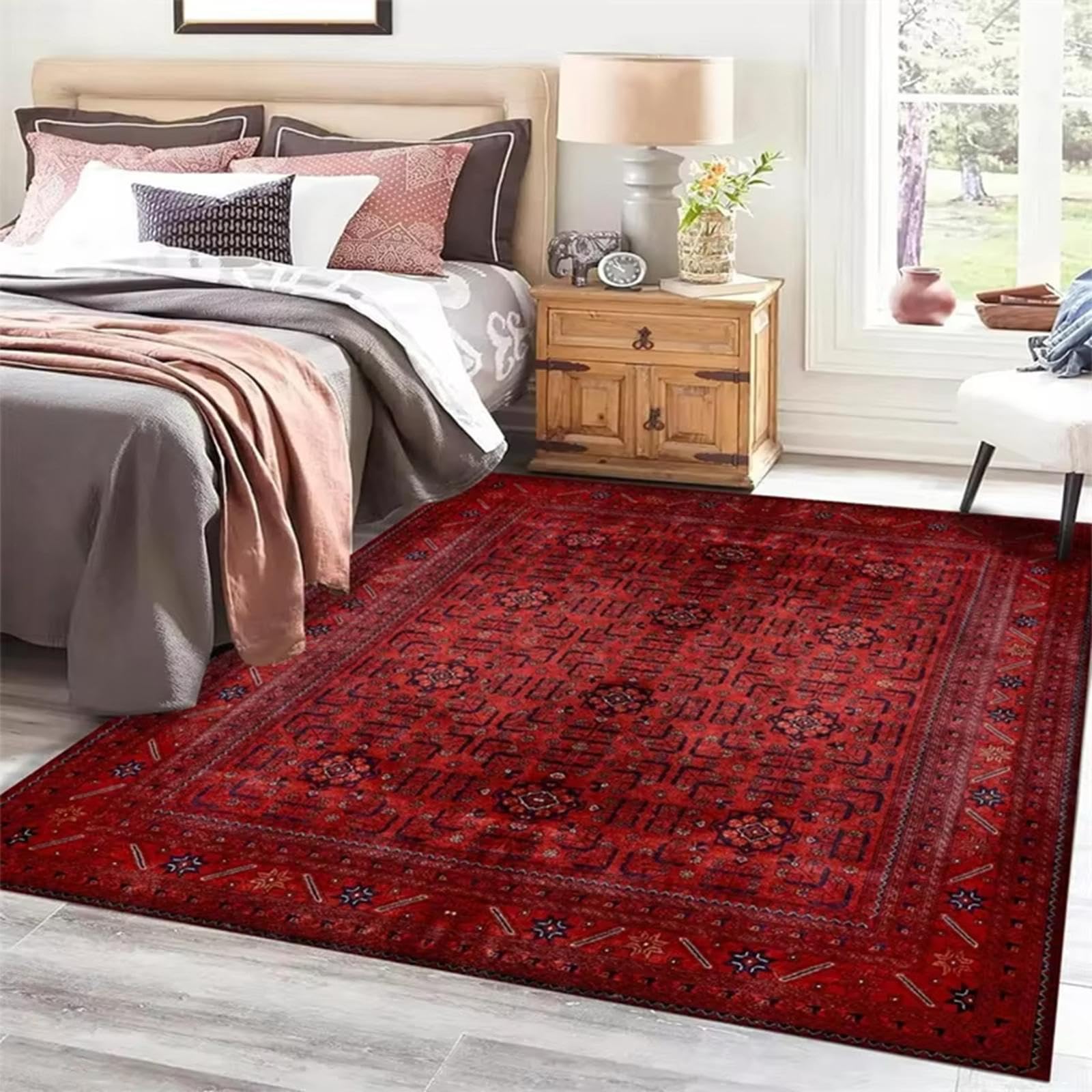 Maschinenwaschbarer Teppich mit Rutschfester Unterseite 60 x 90 cm, Multi Red Vintage Orientalischer Boho-Teppich, Persische Tribal-Textur für Küche, Schlafzimmer, Esszimmer, Wohnzimmer