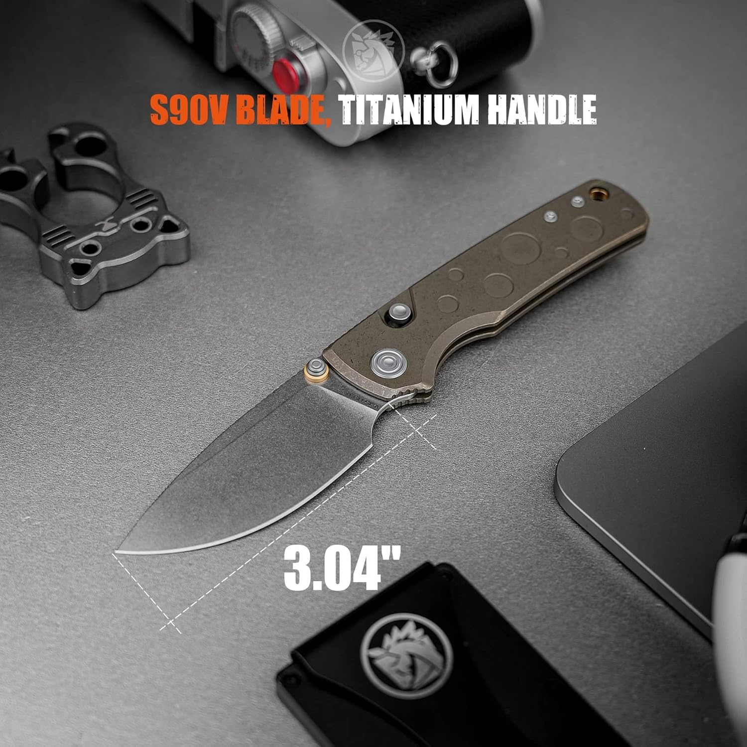 Vosteed Porcupine TiSlim Ultra Thin EDC Pocket Knife - 3.04" S90V Stonewash Blade - Top Liner Lock, Antique Brasswash Titanium Handle - EDC Knife Adventure Folding Knife - A4807