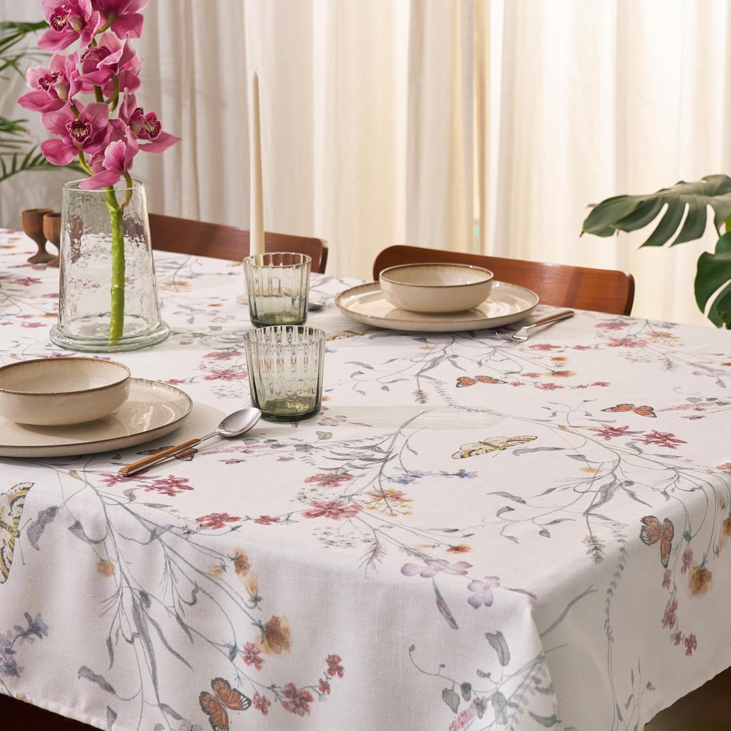 Floral Tablecloth – Linen-Blend Rectangular 55” x 87” – Waterproof Table Cloth for Kitchen & Dining Room – Farmhouse Chic, French Country, Cottagecore & Holiday Decor