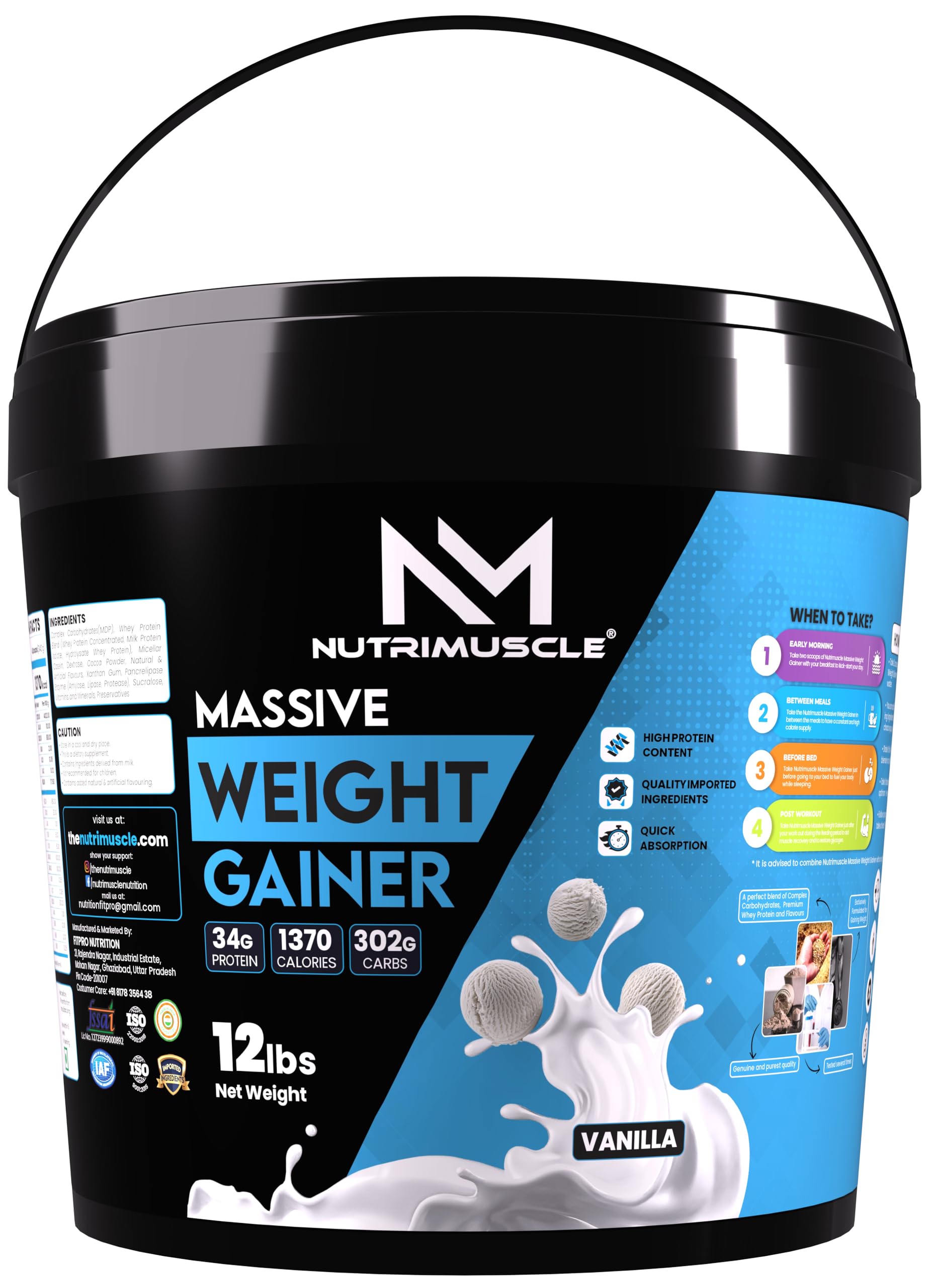 Nutrimuscle ® Massive Weight Gainer - 12 lbs - Vanilla Flavour - For Weight & Mass Gain - Contains Complex Carbohydrates,Protein and Imported Ingredients