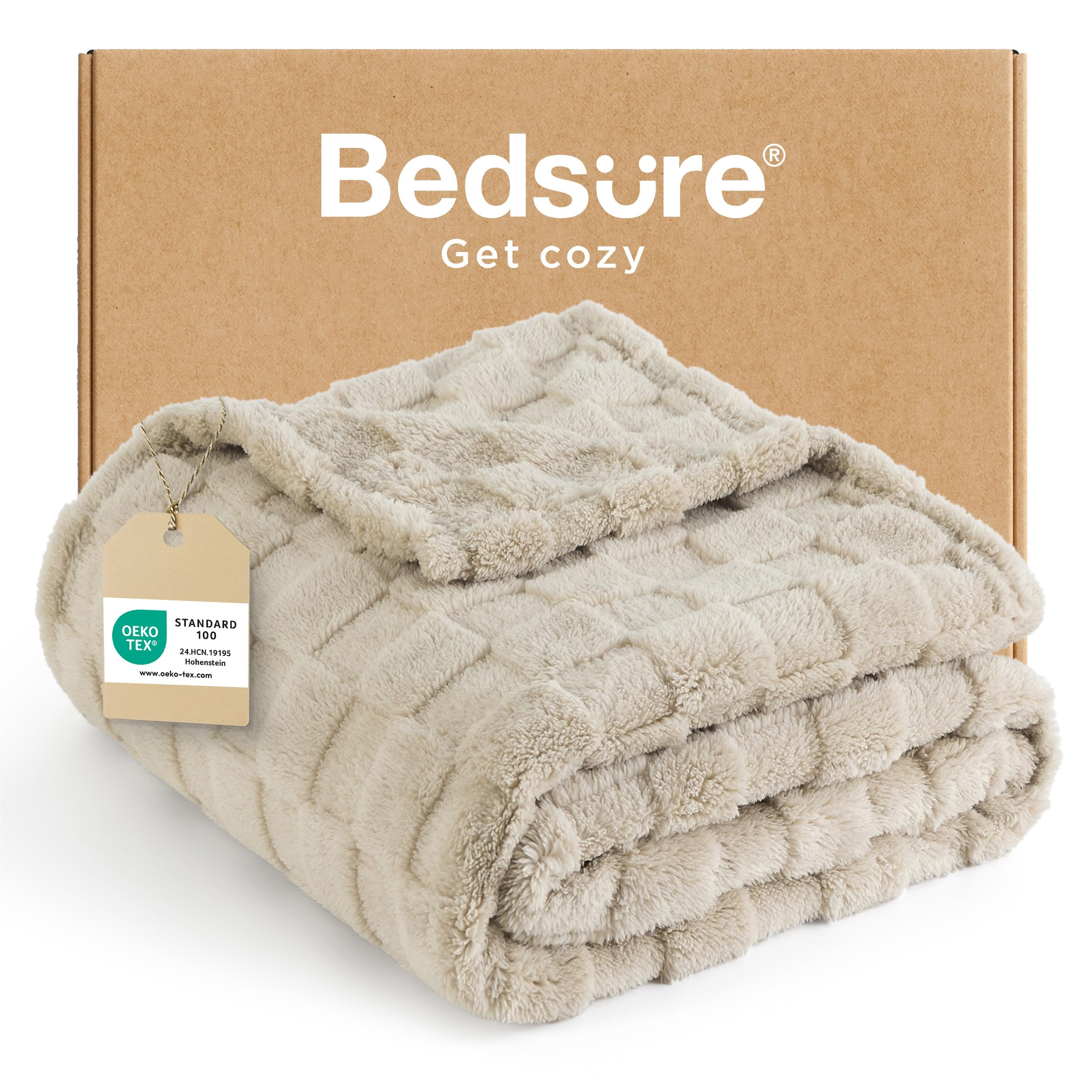 Bedsure Fleece Throw Blanket for Sofa - Soft Cosy Checkered Blankets for Women and Girls, Fluffy Warm Single Throw for Bed, Beige, 130x170 cm