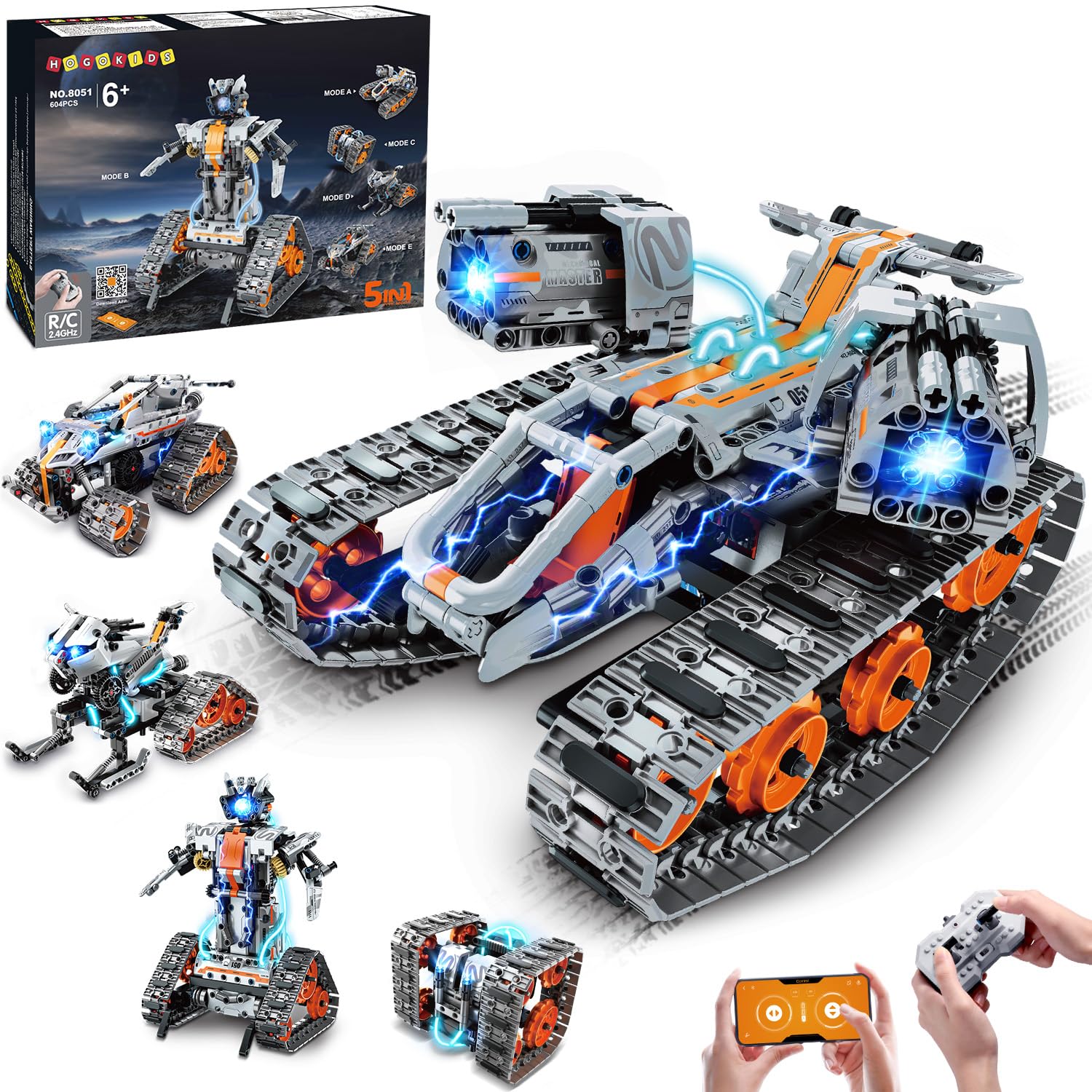 HOGOKIDS 5-in-1 Robot Kit with LED, RC Technology Construction Toy with App & Remote Control, Tank Racing Car, Programmable, Rechargeable, Gift for Boys and Girls from 6-12+ Years (604 Pieces)