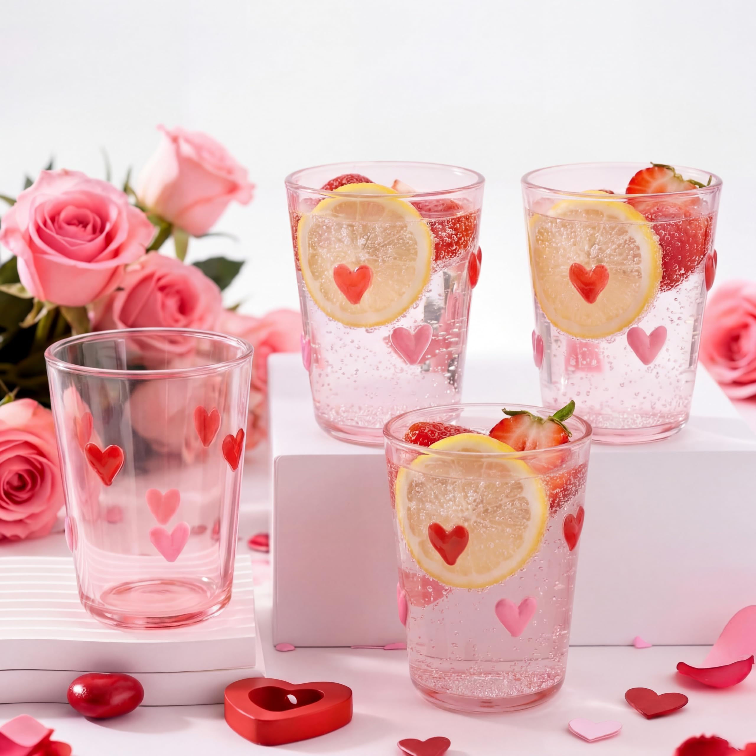 4pcs Heart Icon Juice Glasses 8.5 oz Red and Pink Heart Icon Wine Glasses Apprciation Gifts Bulk for Engagement Wedding Party Her Women Girlfriend Wife Present