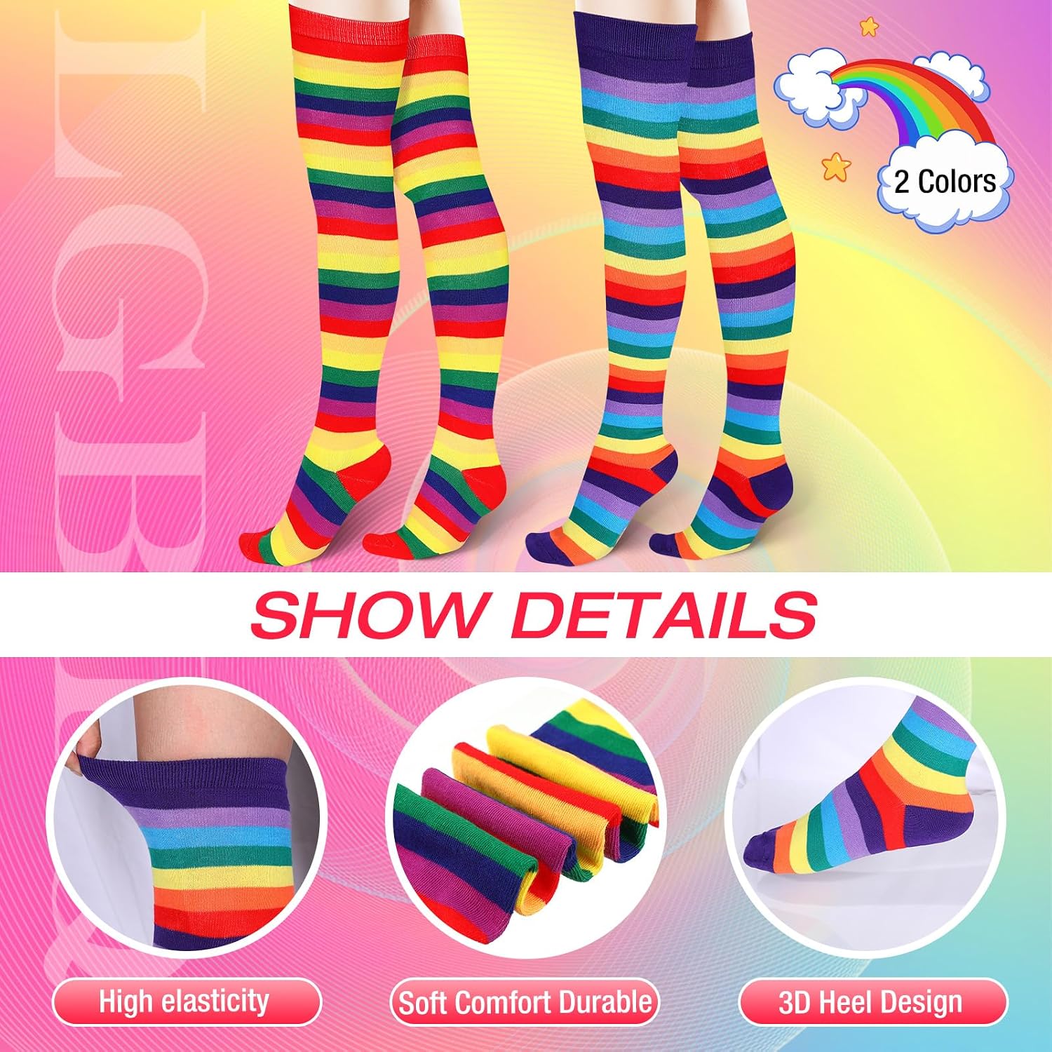 Syhood 2 Pairs Women Rainbow Knee High Socks over the Knee Girl Long Striped Thigh High Socks for Pride Festival Costume