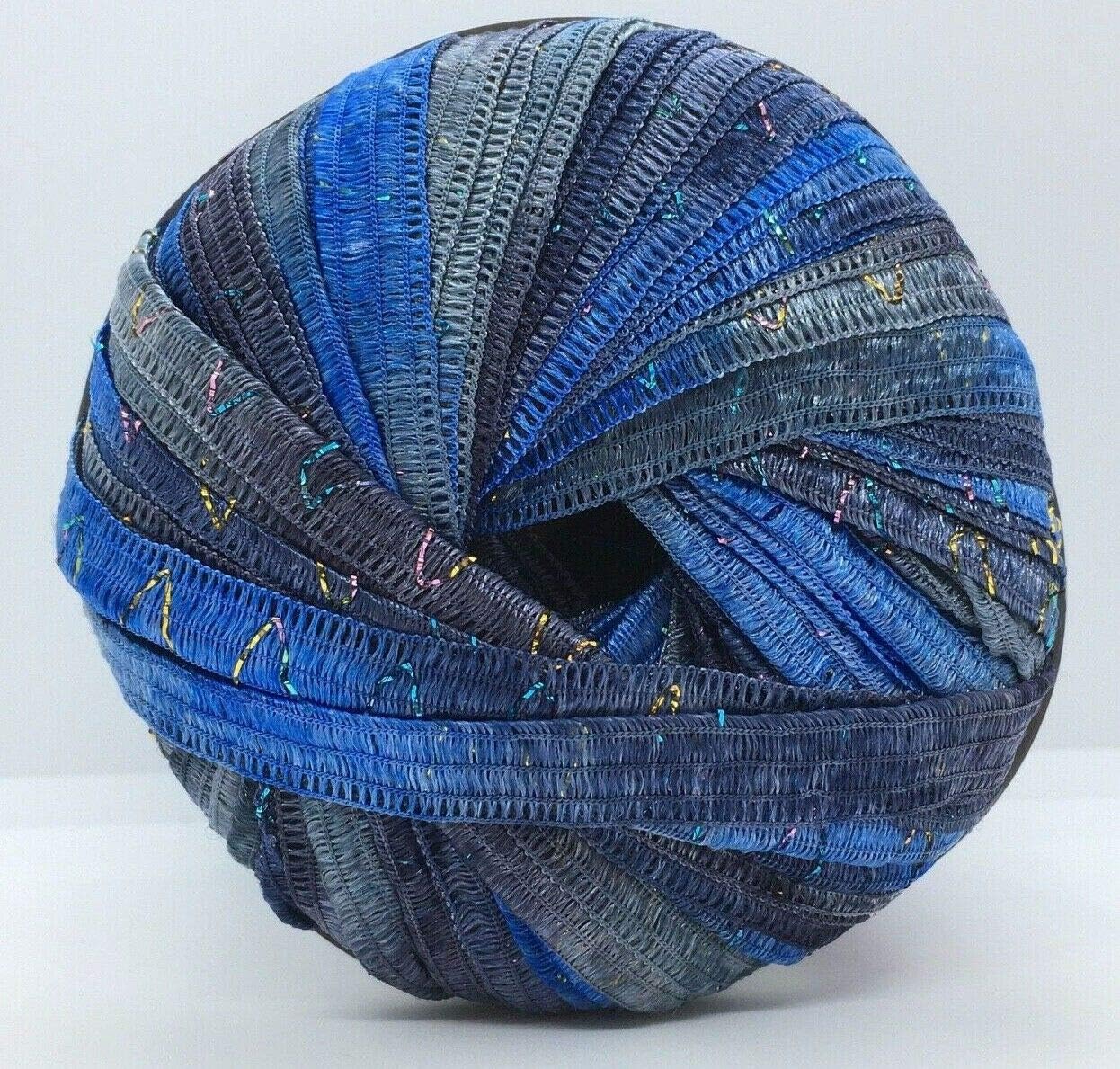 Ribbon Yarn Tinkerbella - 5/8 Wide Variegated with Glitter Zigzag Color #9 Denim - Blues