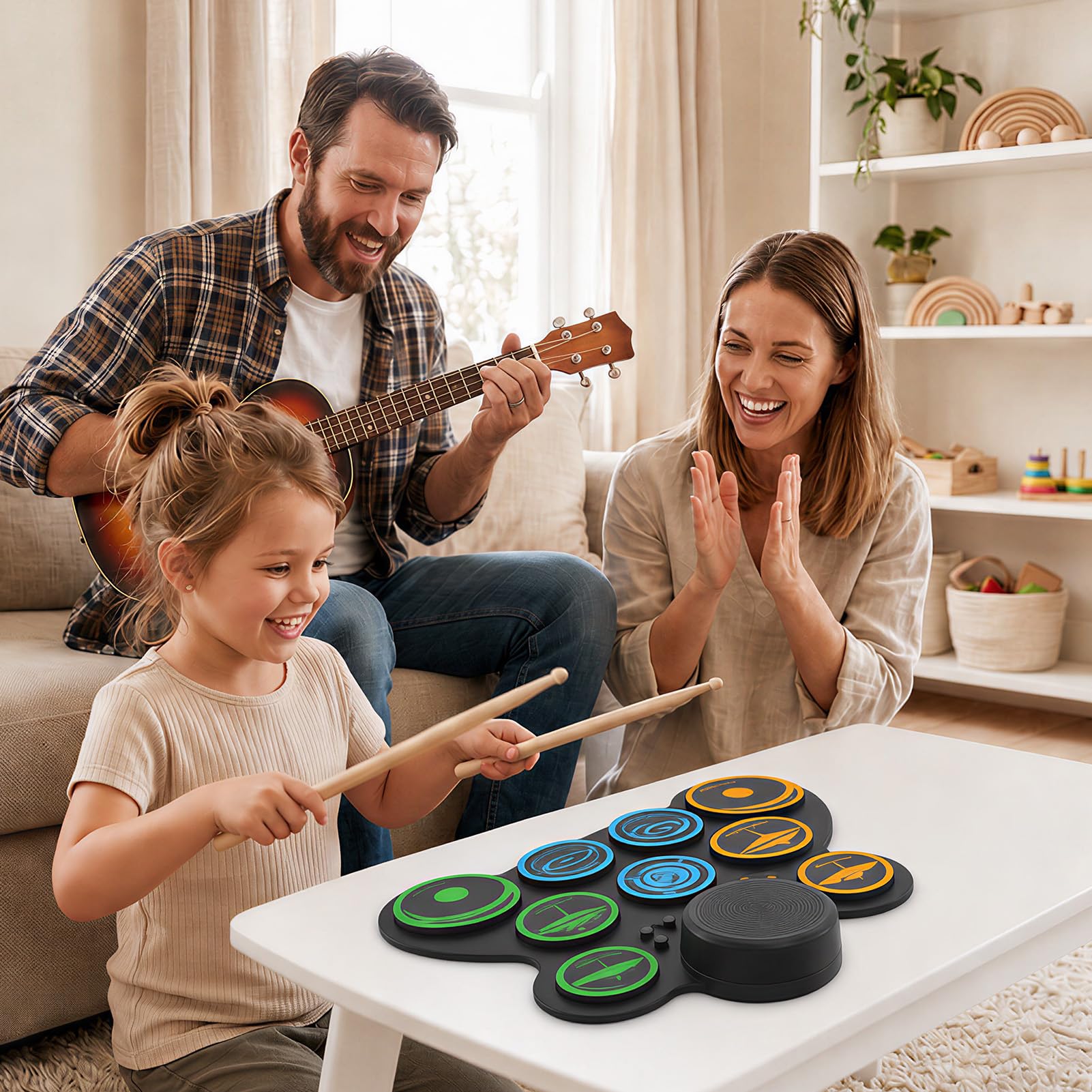 MARVTOWN Elektronisches Schlagzeug Set, 9+1 Drum Practice Pad mit Kopfhöreranschluss, Standpedalen und Drumsticks, Kinder Schlagzeugset kompatibel mit MIDI-Ausgang,
