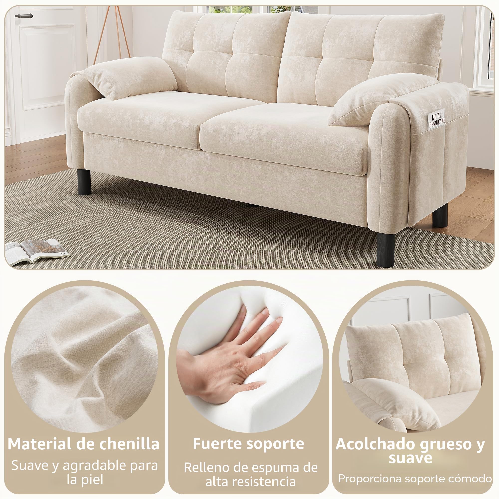 Sofá moderno de 2 plazas tapizado de tela de chenilla con cojines gruesos, sofá para salón, dormitorio, apartamento pequeño, tapizado en color beige