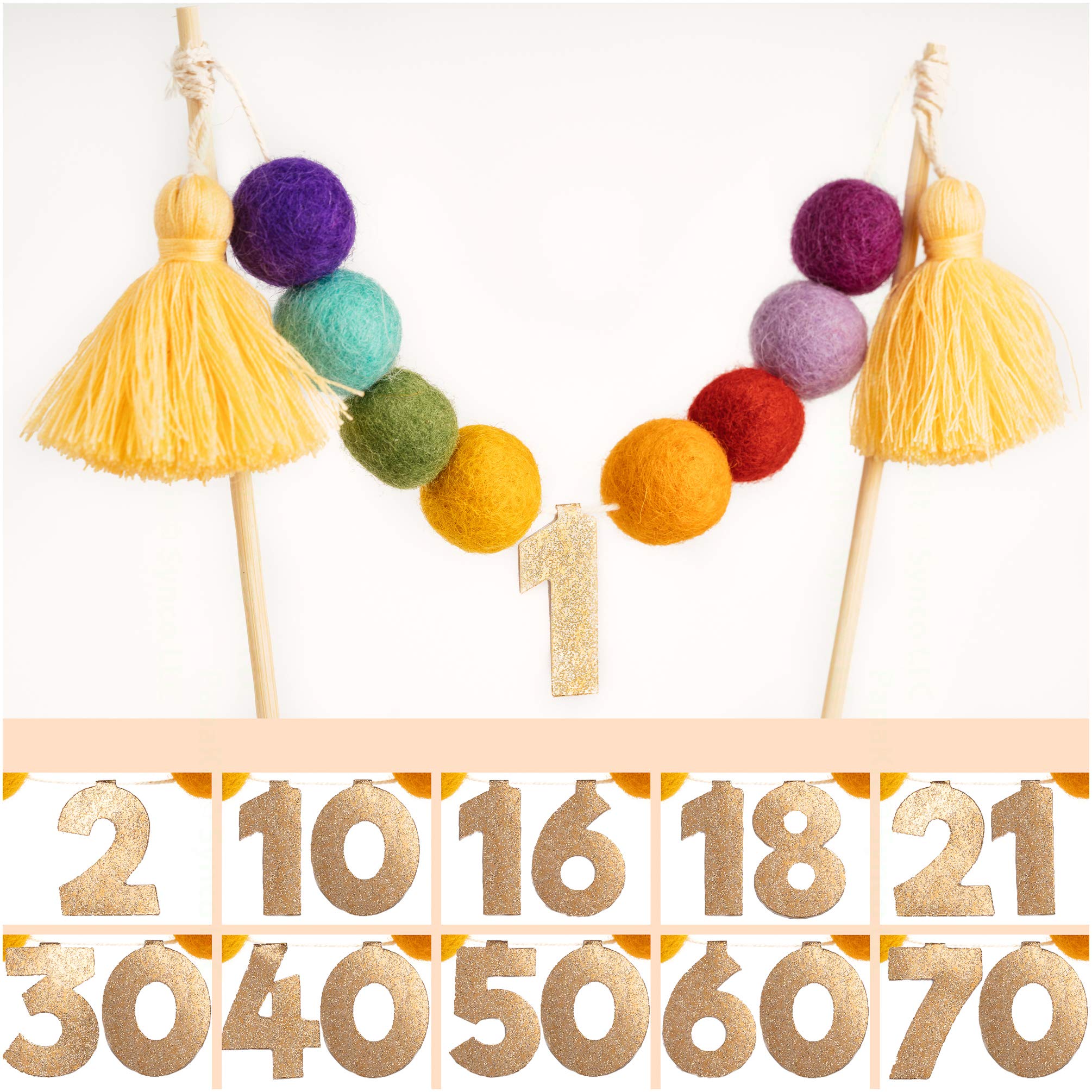PapaKitRainbow Pom Pom Birthday Cake Topper with Customizable Age Numbers, Premium Handmade Pre-Strung Party Decoration