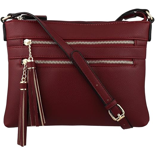 B BRENTANO Vegan Multi-Zipper Crossbody Handbag Purse with Tassel Accents (Merlot)
