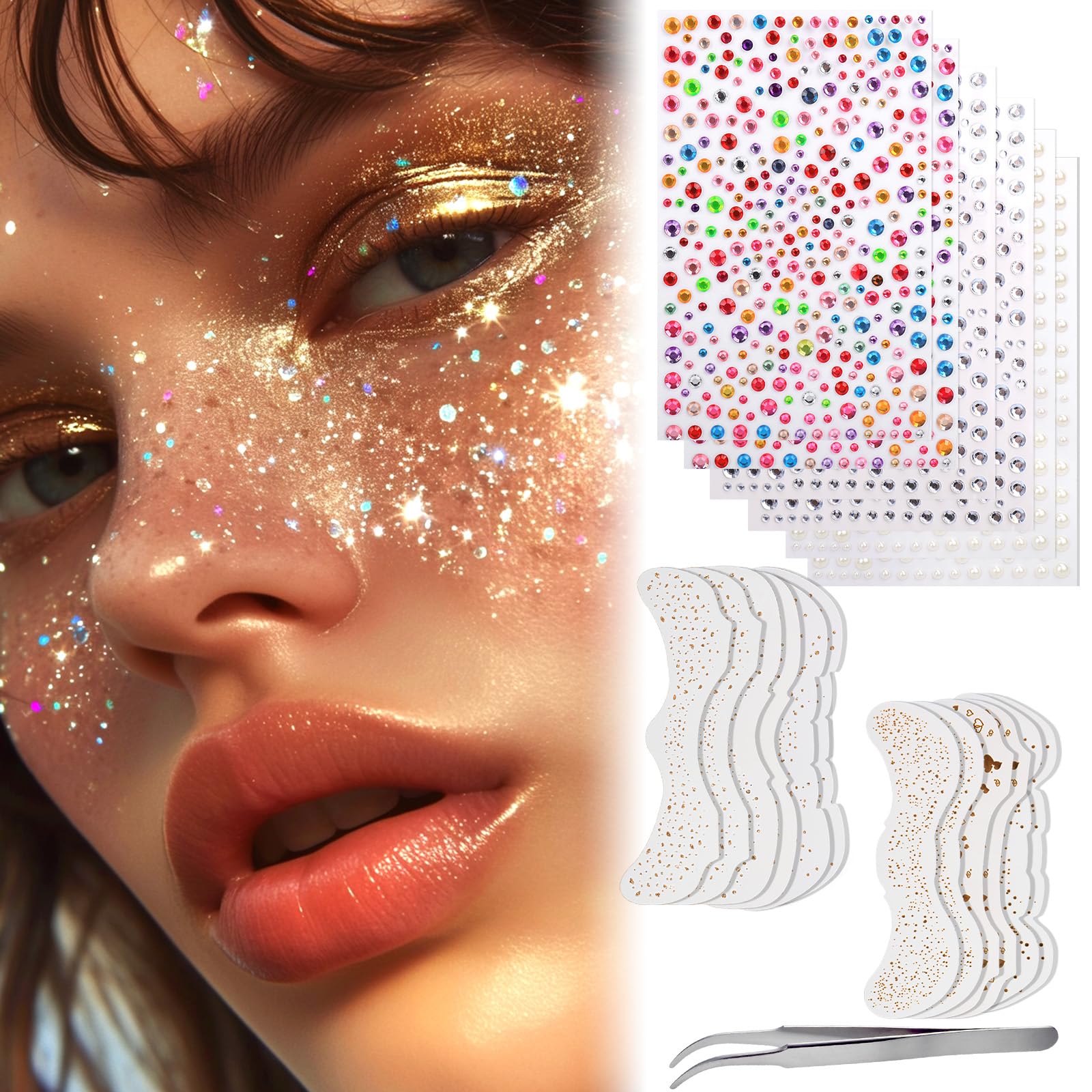 Vodolo Glitter Freckles Face Tattoo,12 PCS Festival Rave Accessories for Women,Gold Silver Face Waterproof Sparkles Freckles Half Magic Makeup Jewels
