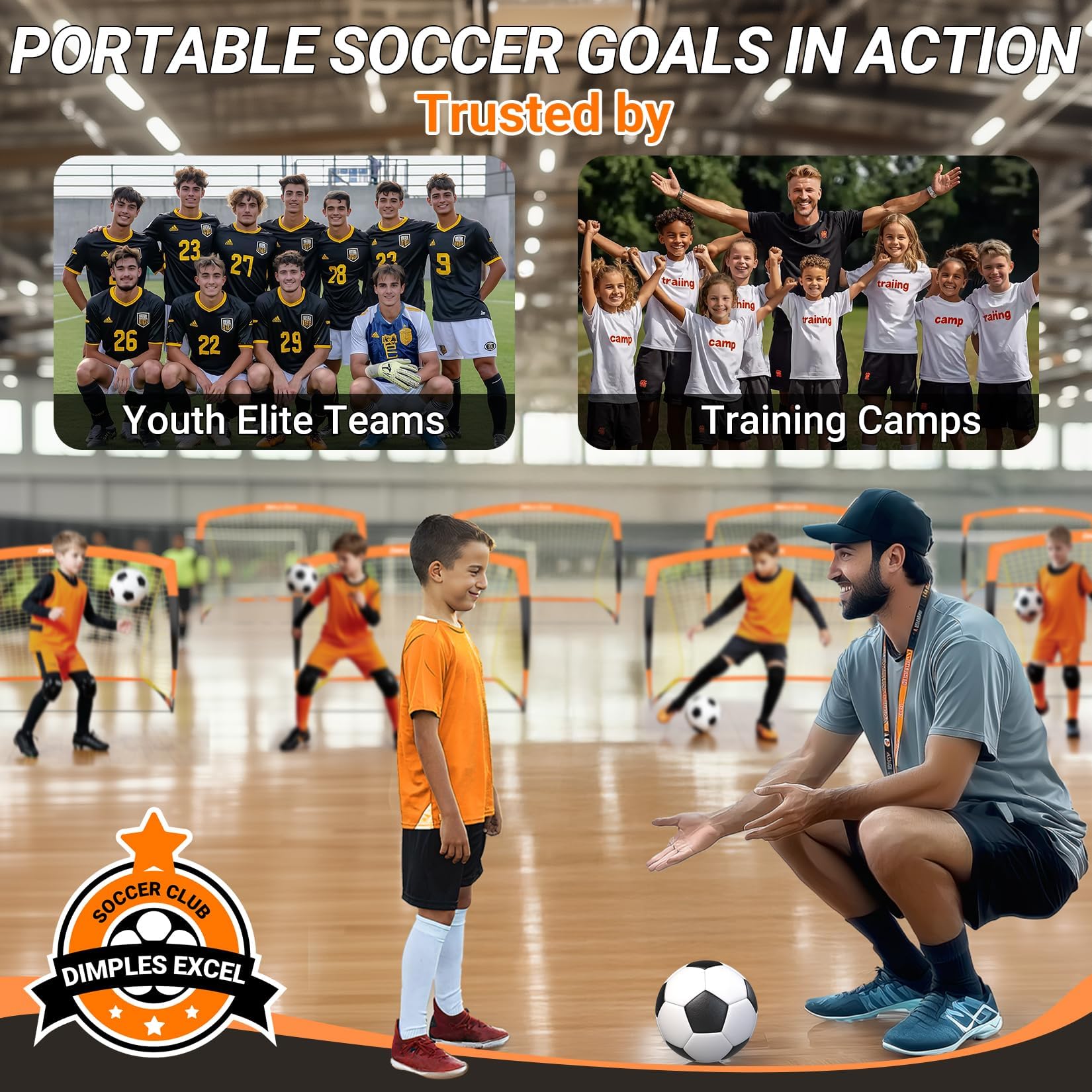 Dimples Excel Soccer Goals - Red de fútbol para niños para Patio Trasero de 7 x 5 pies, 5 x 3.6 pies, 4 x 3 pies, 3 x 2.2 pies
