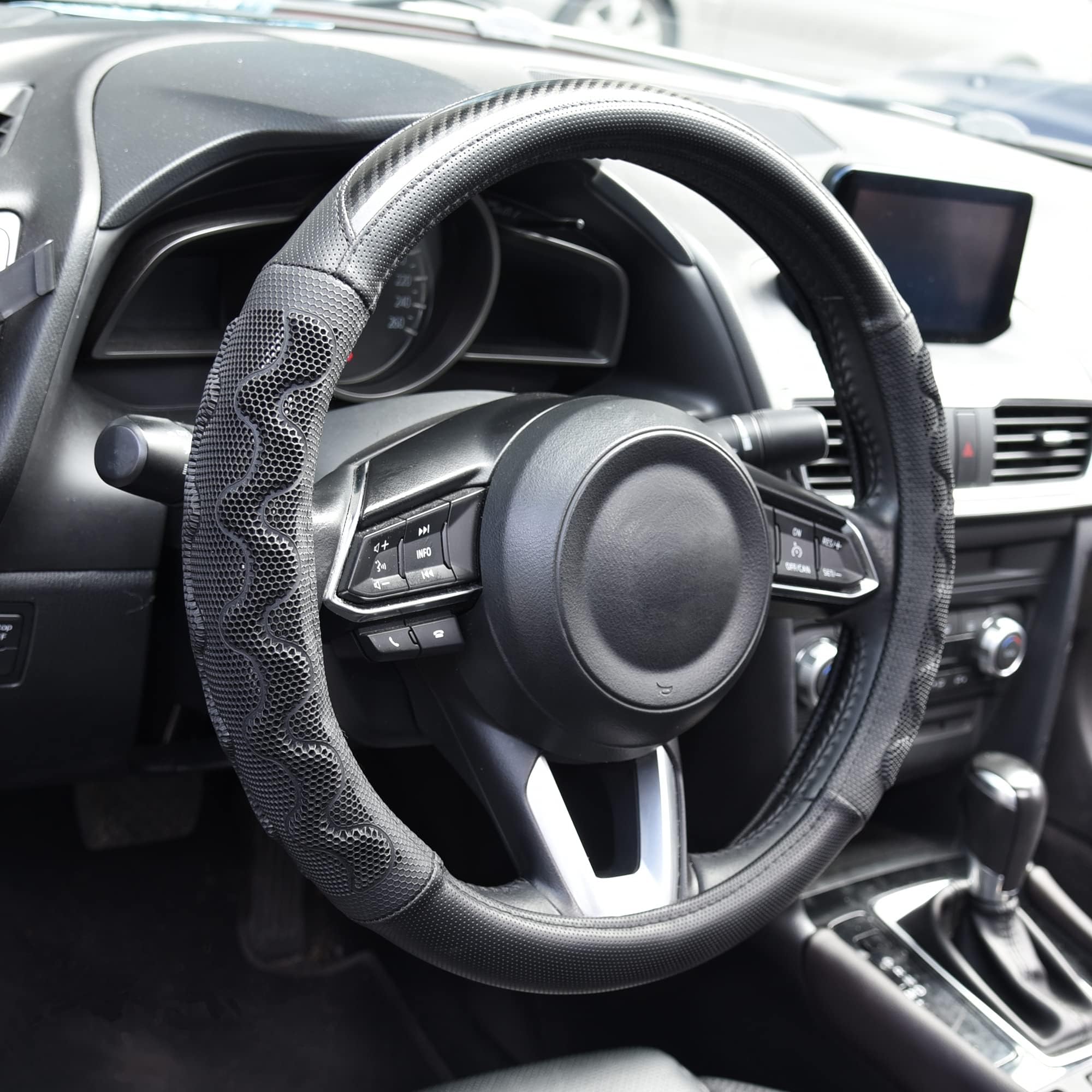 Elantrip 14 1/2"-15" Steering Wheel Cover, Universal, Black 3D Honeycomb Comfortable Grip Design, Carbon Fiber Car Wheel Protector Black