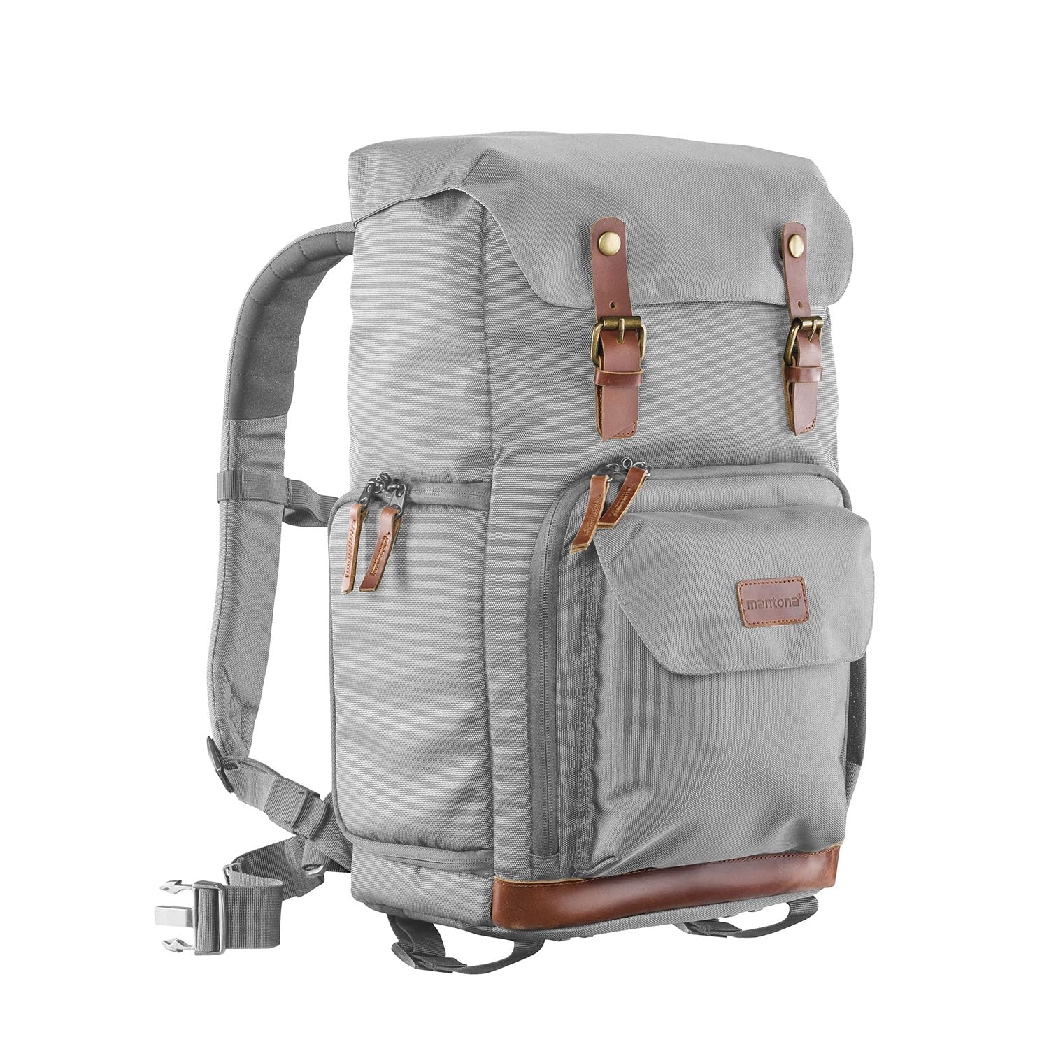 Mantona Luis Retro Photo Backpack (Genuine Leather Applications, incl. rain Cover, Flexible Divider and Laptop Compartment, Suitable for 1x DSLR Camera, 3X Lenses and Various Photo Accessories) Grey