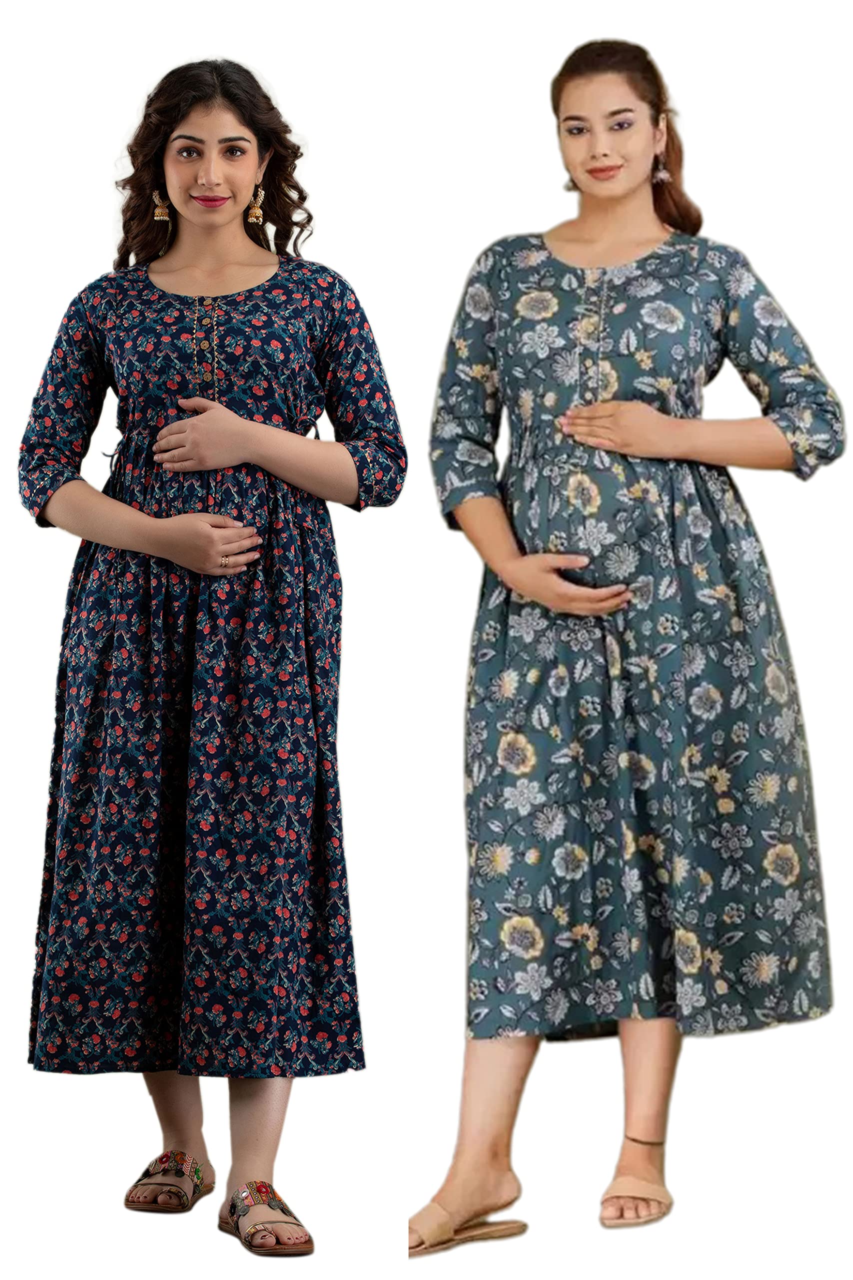 HRK VEMON Women's Pure Cotton Printed Maternity Gown Feeding Nighty A-line Feeding Dress Kurti Gown for Women Pack of 2