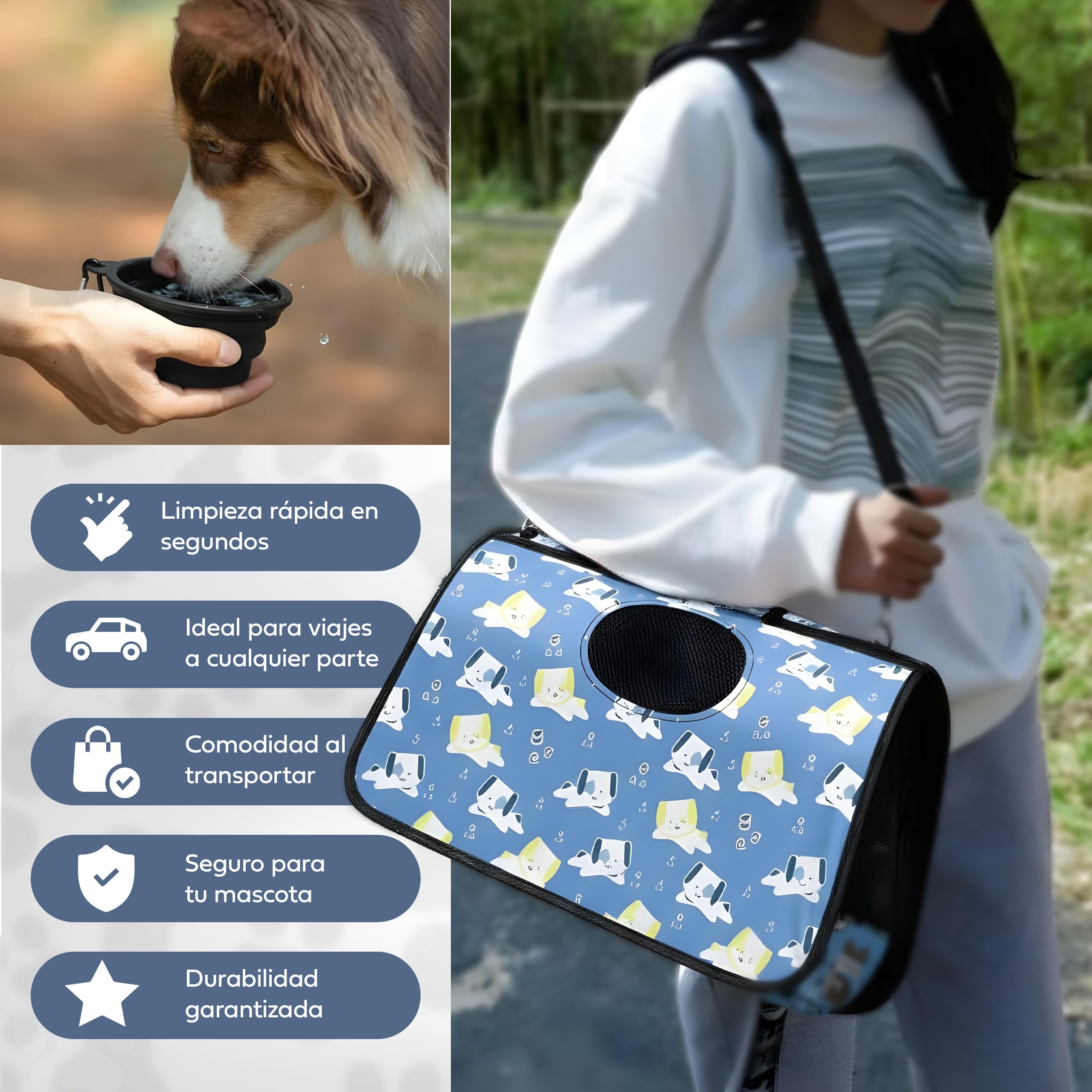Transportin Perro de Tela Pequeño Mediano Plegable Bolsa Mochila Transportín Gato Grande Bolso Conejo Mascotas – Set con Plato y Manta Viaje