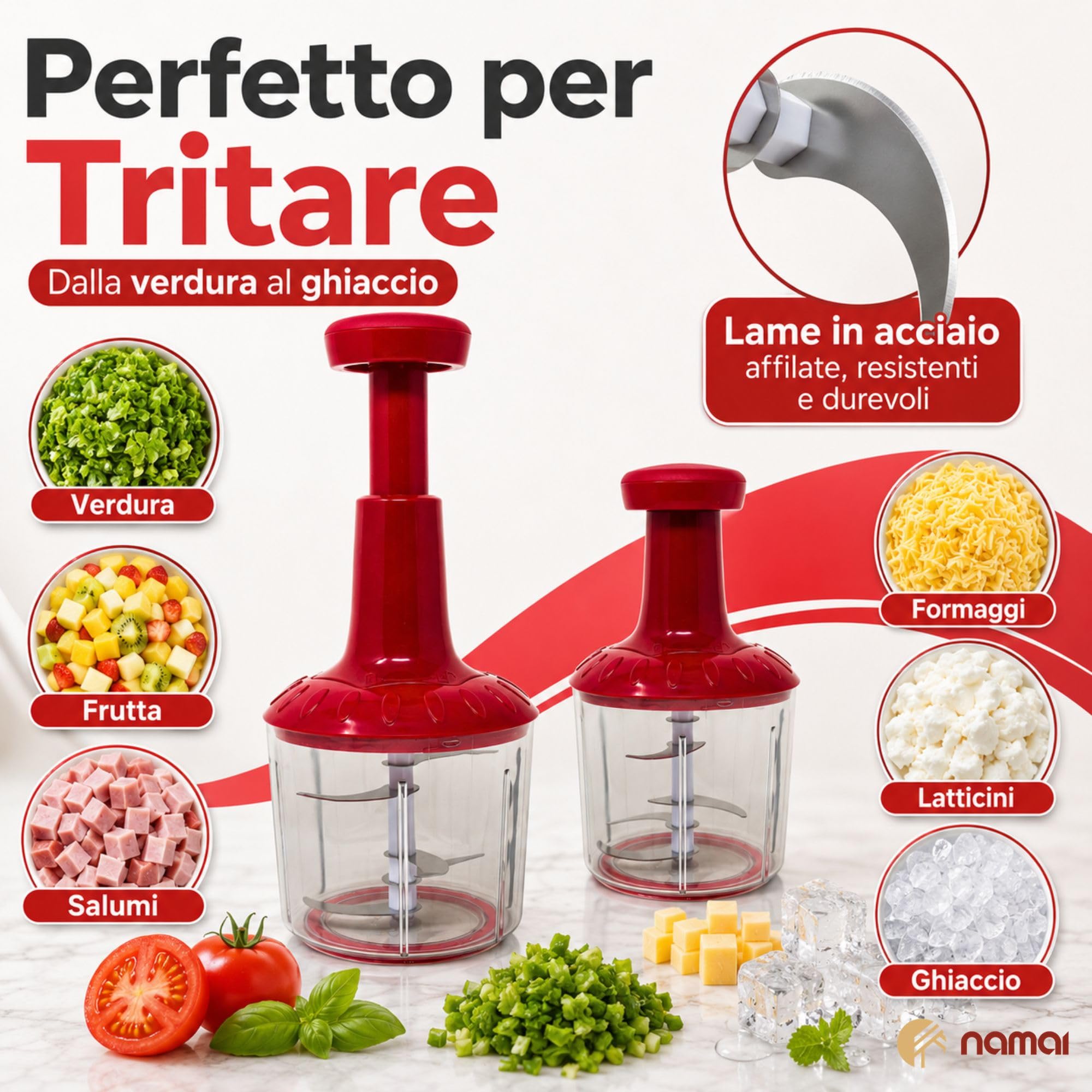 NAMAI - Tritatutto Manuale 5 Lame, 2 Contenitori, Mixer, Utile e Pratico | Lavabile In Lavastoviglie, Sicuro, Facile Da Usare, Ecologico