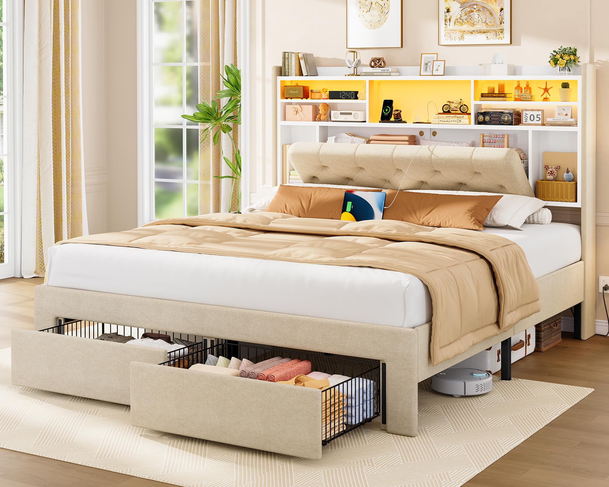 TEENFON Queen Bed Frame with Headboard and 2 Drawers Storage, Bed Frame Queen Size Built in LED Lights and Charging Station, Sturdy &amp; Noise-Free Upholstered Platform Metal Bed, Beige