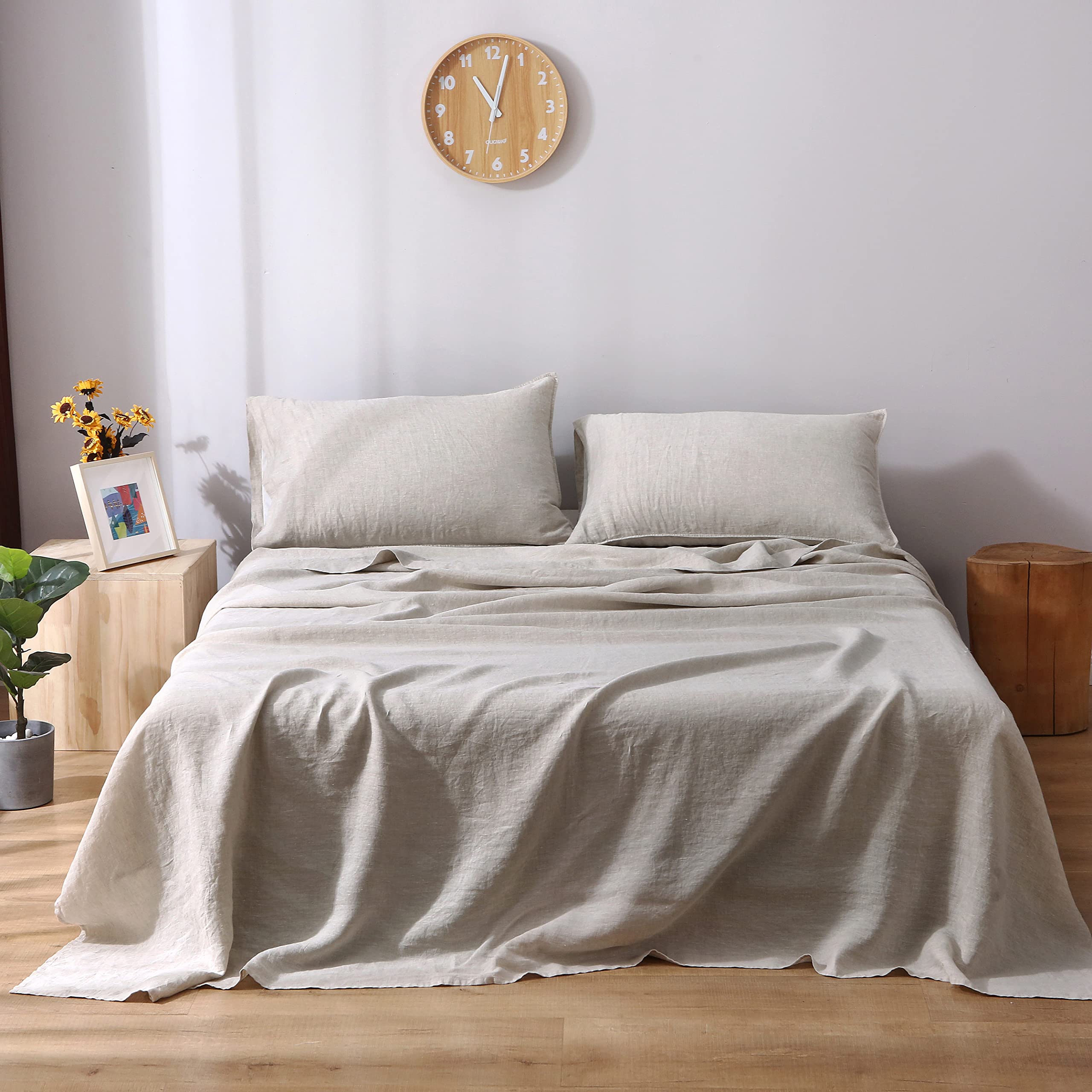 S VICTORY SYMBOL 100% Organic French Linen Bed Sheets Queen Size,Stone Washed Flax 4PCS Sheets Set(1 Flat Sheet+1 Fitted Sheet+2 Pillow Cases) Breathable(Natural Linen)