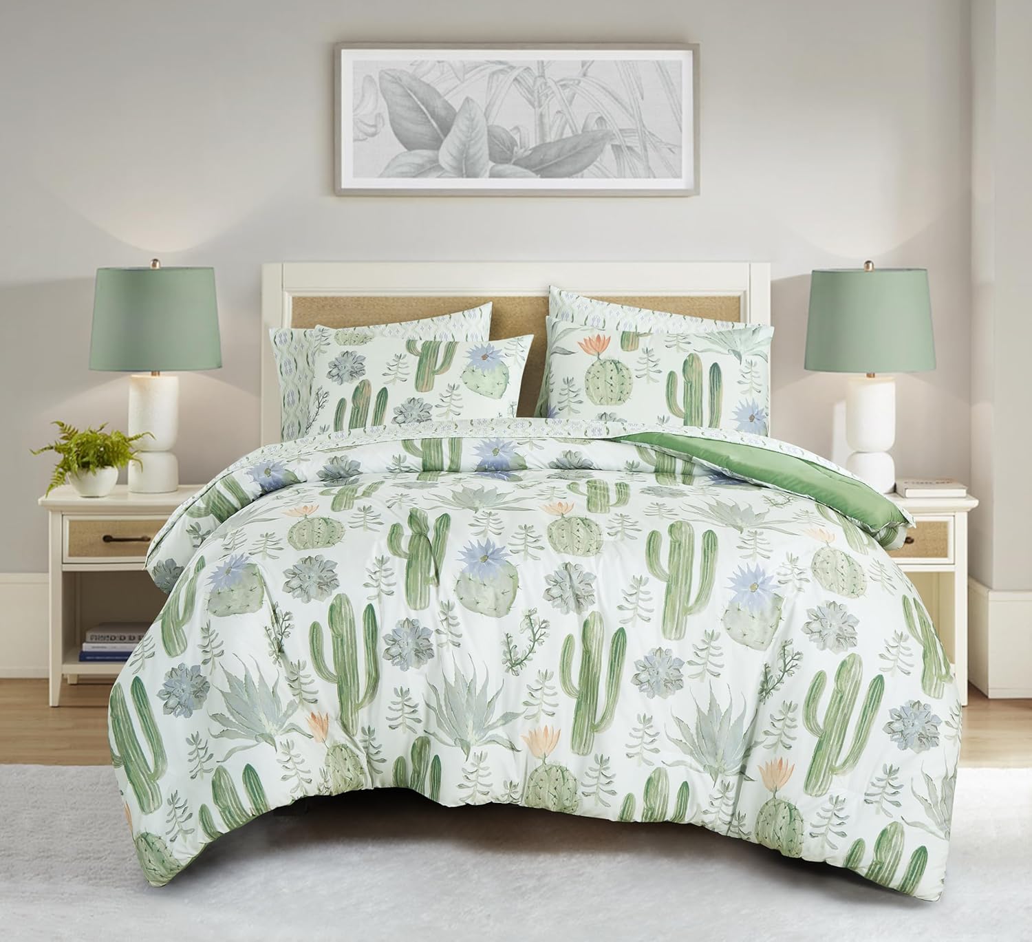 Chezmoi Collection Gregory 7-Piece Serene Lodge Bed in a Bag Queen Comforter Set - Green Blue Cactus Succulent Plant Printed Microfiber Bedding Set