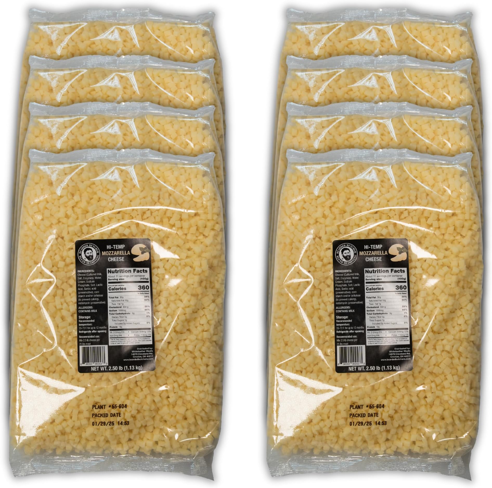 Bearded Butchers High-Temp Mozzarella Cheese, Case of 8 (2.5 lb Bags) – 20 lbs Total, Shelf-Stable 1/4-Inch Cubes for Up to 25 lbs of Meat Per Bag, 400°F High-Temperature Cheese – Ideal for Sausage Making, Brats, Snack Sticks, Burgers, and More