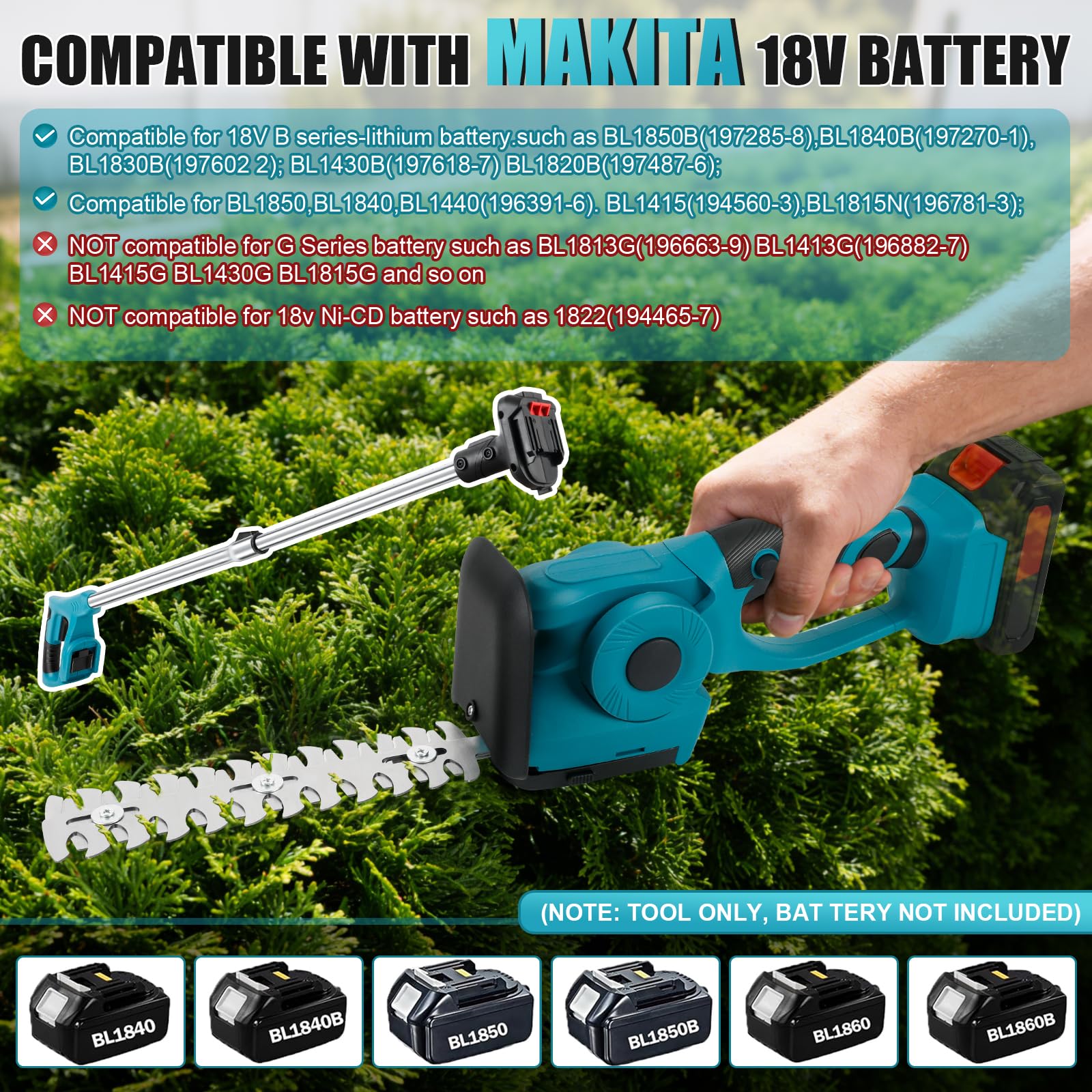 3 en 1 cortasetos telescópicos inalámbricos compatibles con Makita 18 V, tijeras de césped y arbustos, cuchillas de 220 mm y 130 mm cabeza inclinable 90 ° (sin batería)