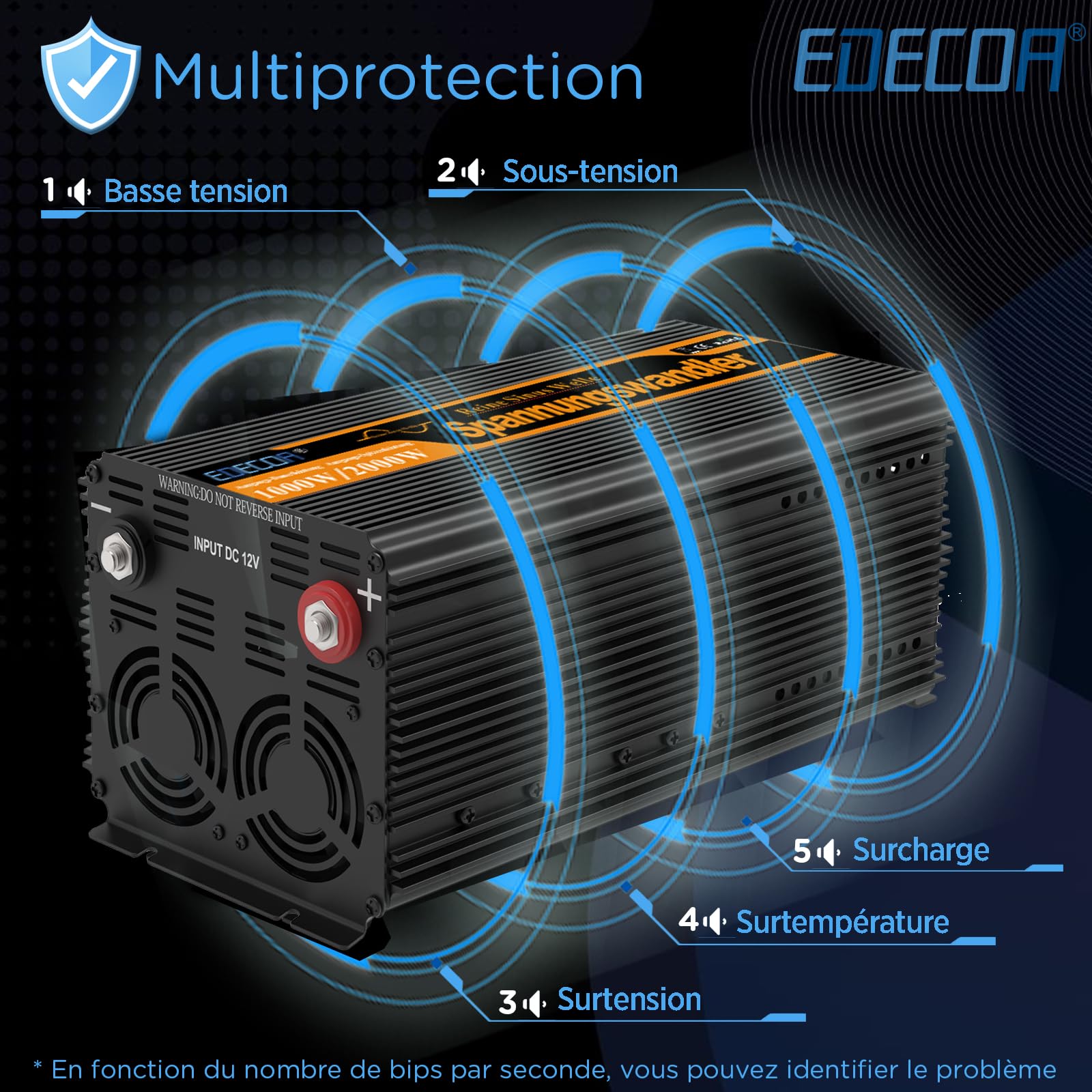 EDECOA convertisseur 12v 220v Pur Sinus 1000w 2X USB télécommande écran LCD transformateur Pure Sinus Onduleur 12v 230v (1000w télécommande)