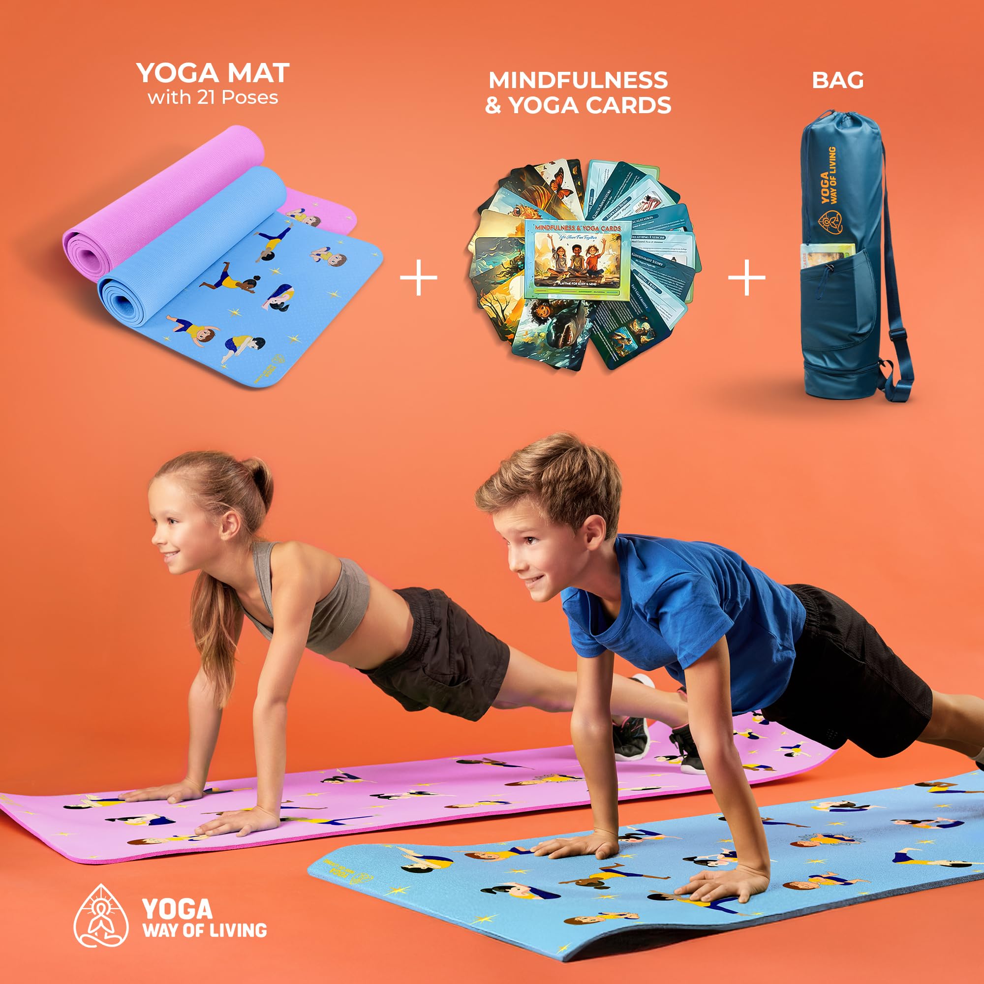 MindfulKids Yoga SET - Premium Eco Friendly MAT & BAG - Non Toxic, Durable & CARDS - for Creativity, Focus, imagination, Relaxation (BLUE)