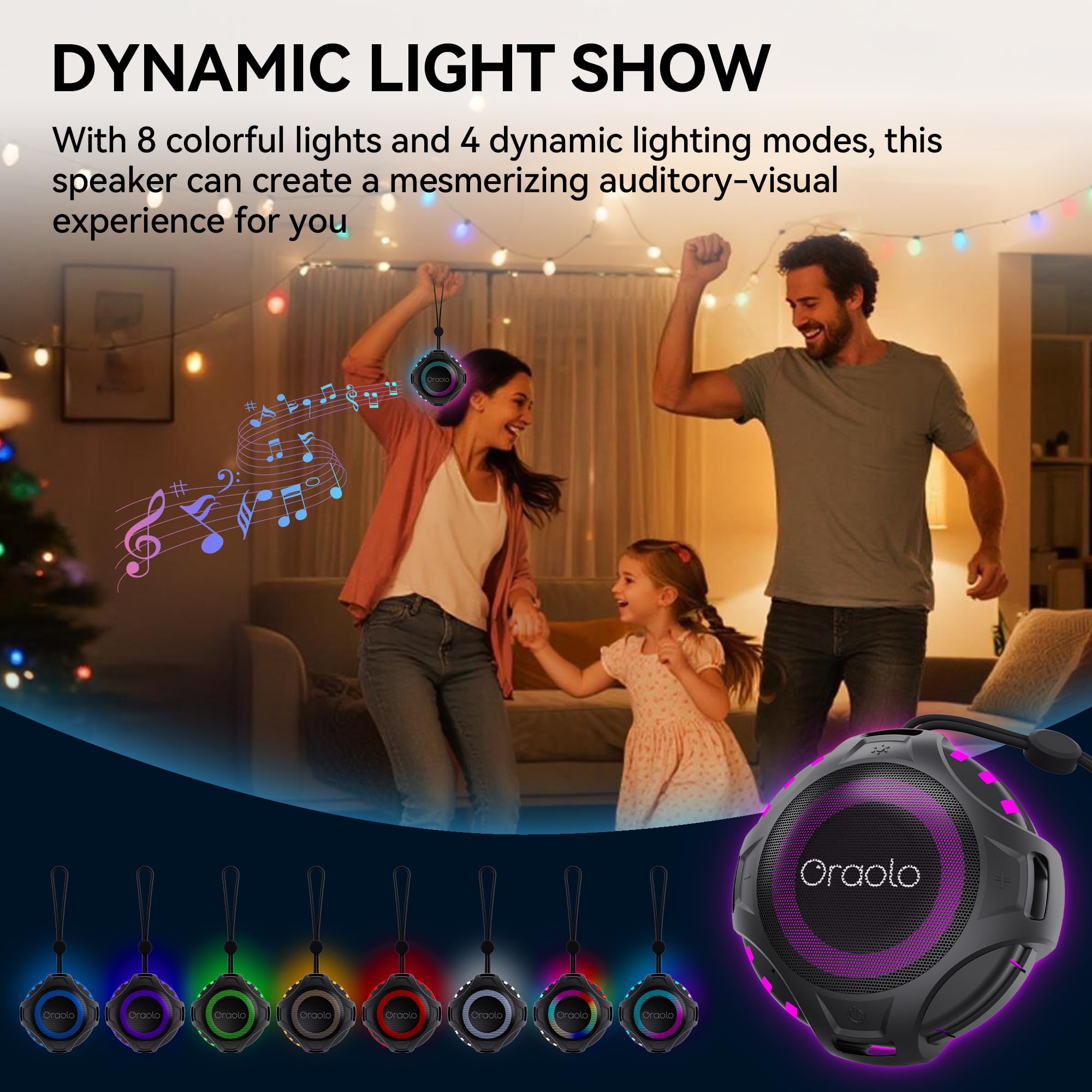 Oraolo Portable Bluetooth Speaker, Shower Speaker with RGB Lights, IPX7 Waterproof, Bluetooth 6.0, 10H Playtime, Hands-Free Calling, Wireless Outdoor Speaker for Pool, Kayak, Bike, Golf - 4