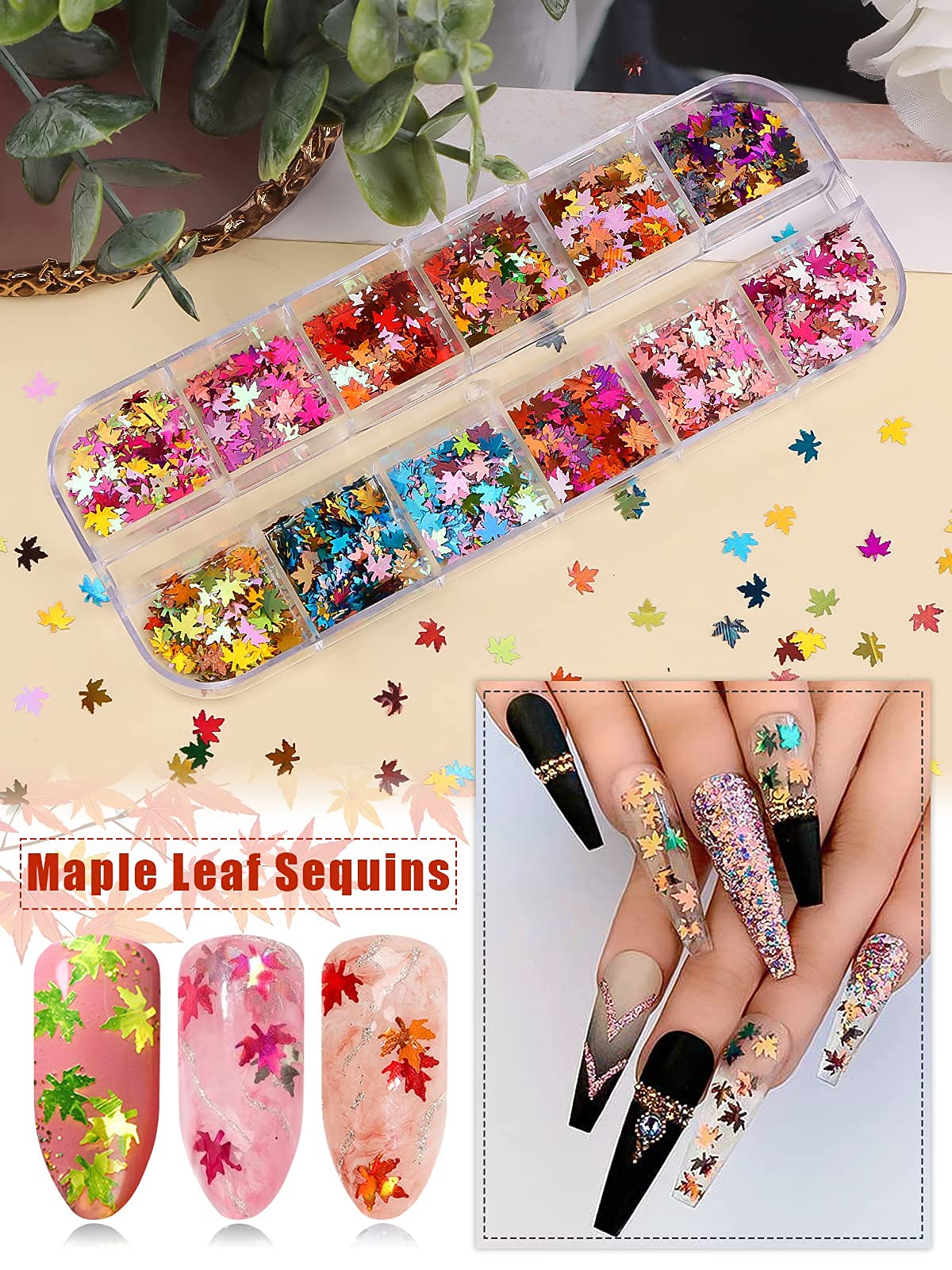 EBANKU 3D Fall Maple Leaf Holographic Nail Art Glitter Sequins, 12 Colors Laser Maple Leaf Nail Stickers Supplies Resin Mold DIY - Image 4