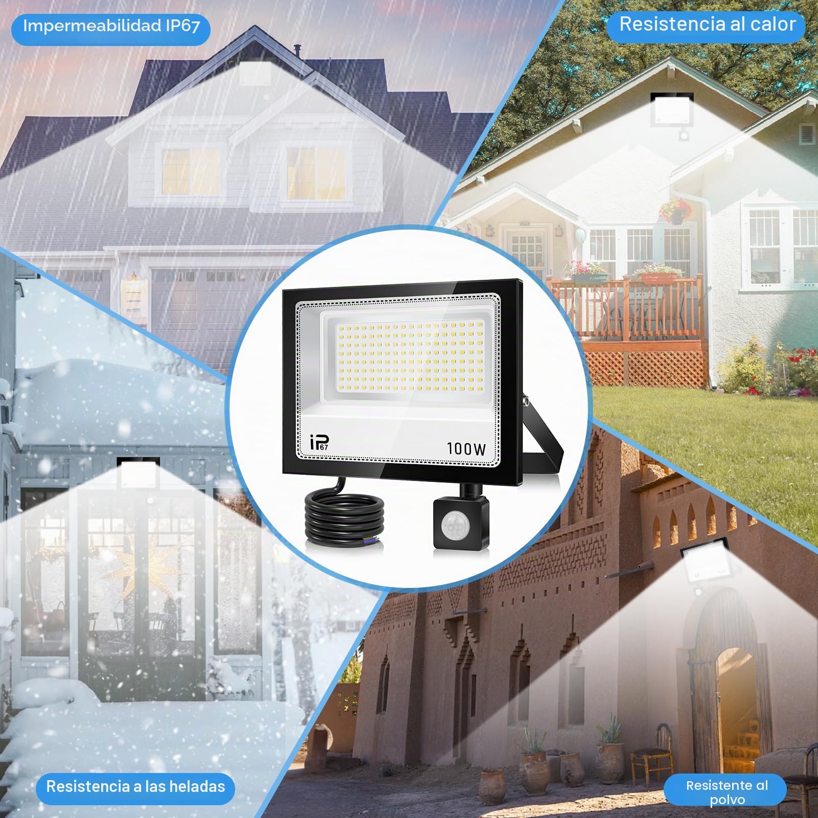 Foco Led Exterior con mando a distancia 100W，Focos Led con Sensor Movimiento, Iluminación de Exterior Seguridad,7000K Blanco Frío, IP67 Impermeable 10000LM, para Patio, Garaje, Entrada
