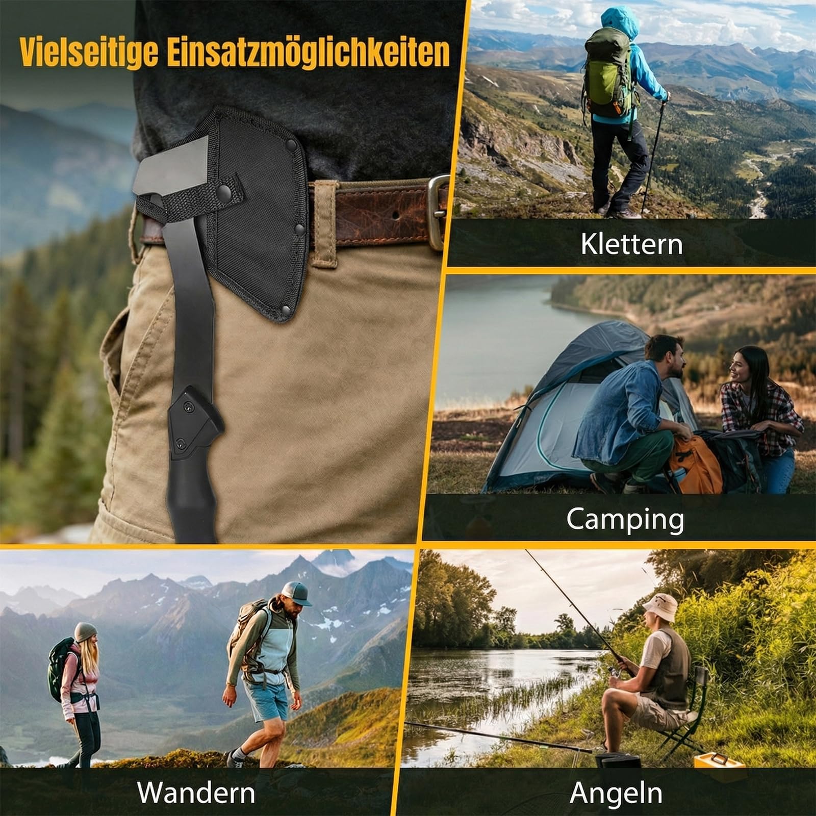 ISEYOU Campingbeil Axt Klein - Outdoor Handbeil aus 420 Edelstahl mit Nylonscheide - Scharfes Spaltbeil für Brennholz, Garten & Bushcraft - Robustes Universalbeil & Trekking Beil