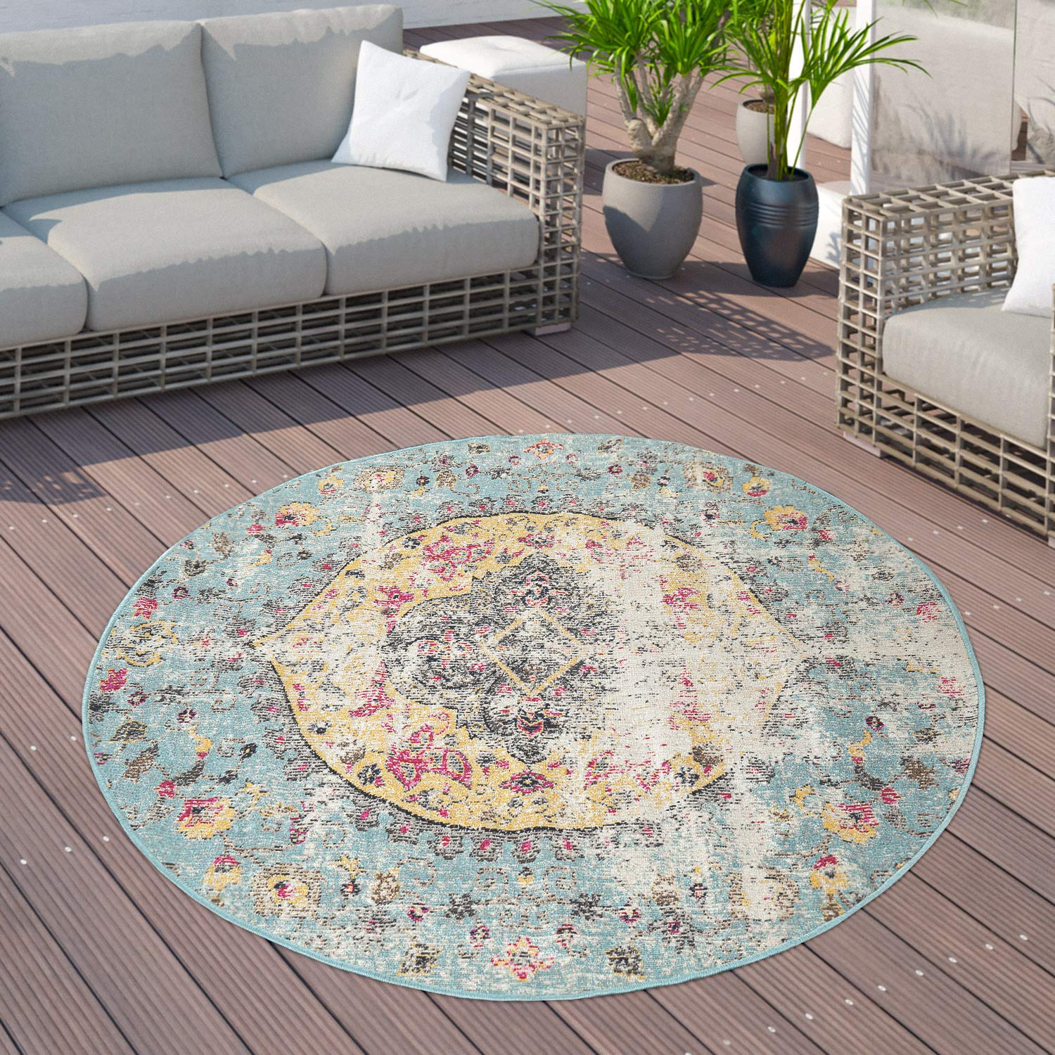 Paco Home Outdoor Teppich Balkon Terrasse Vintage Küchenteppich Orient Muster Rauten Ethno, Grösse:160 cm Rund, Farbe:Bunt