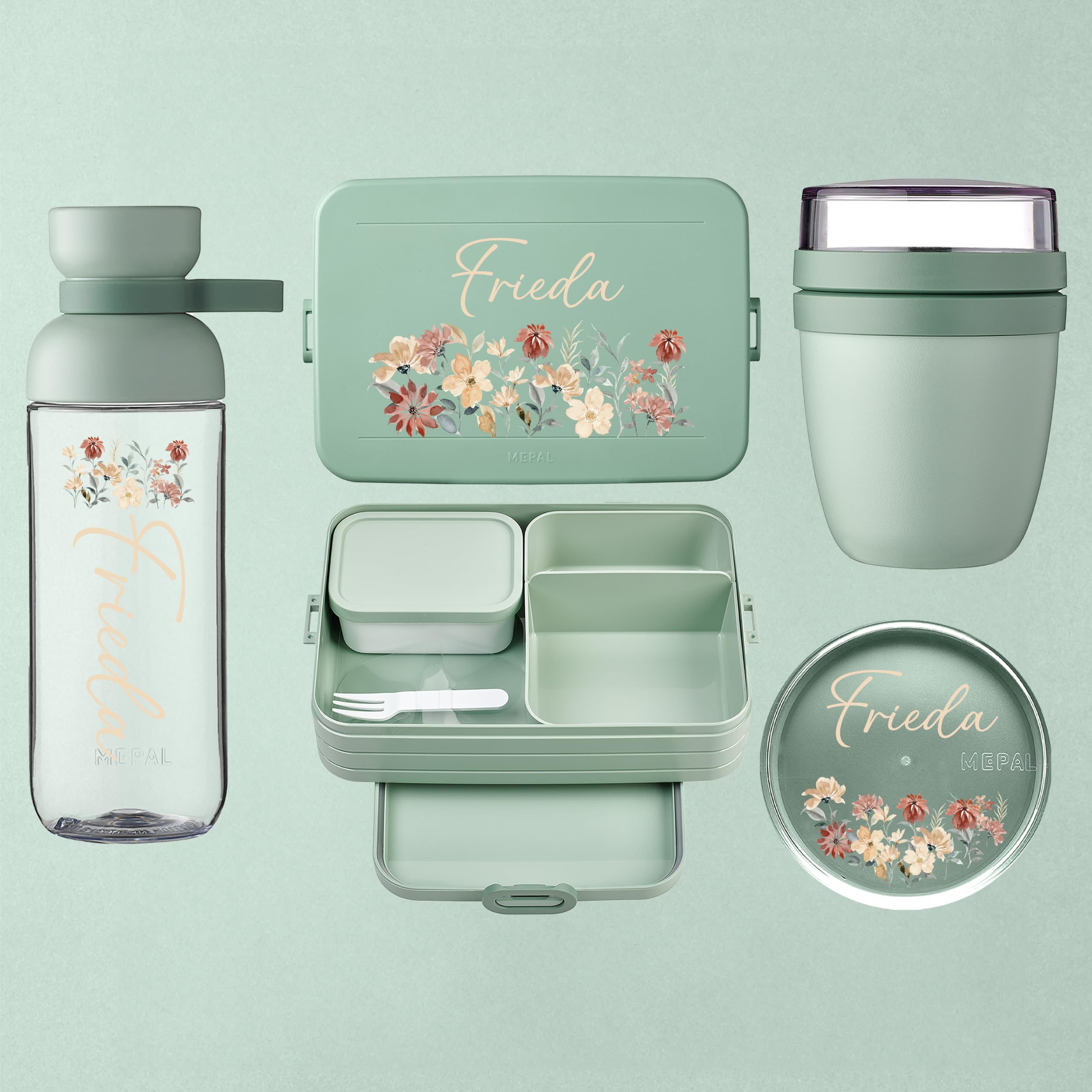 Mepal Personalisierte Brotdose Trinkflasche | Blumenwiese Blumen Design